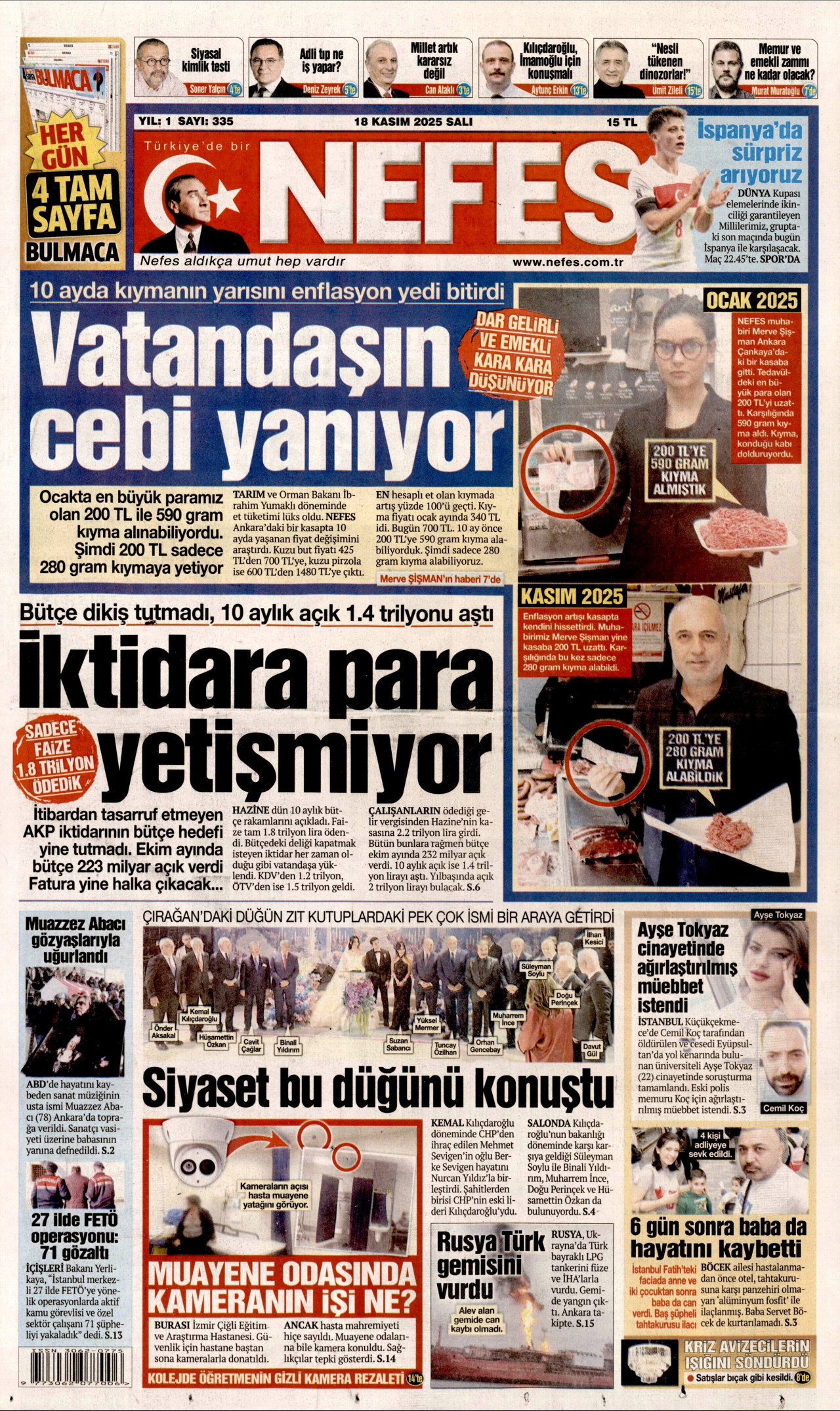 NEFES gazetesinin 18 Kasım 2025 tarihli birinci sayfası