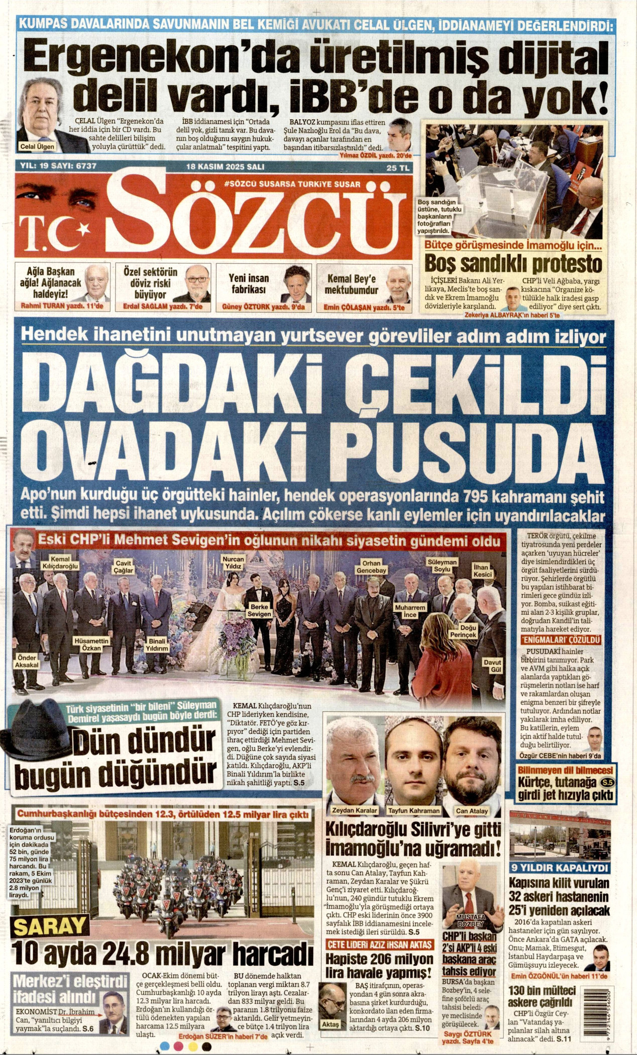 SÖZCÜ gazetesinin 18 Kasım 2025 tarihli birinci sayfası