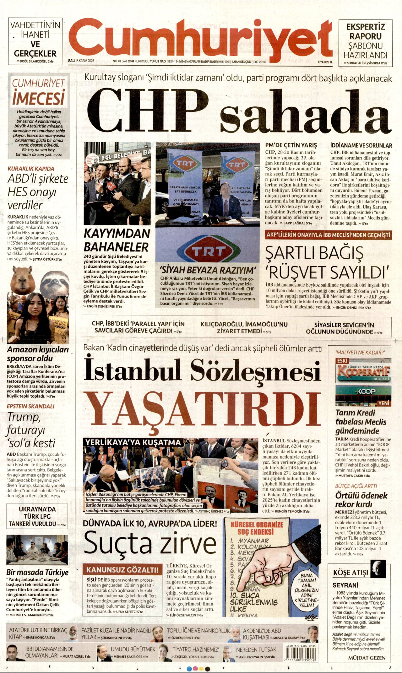 CUMHURİYET gazetesinin 18 Kasım 2025 tarihli birinci sayfası