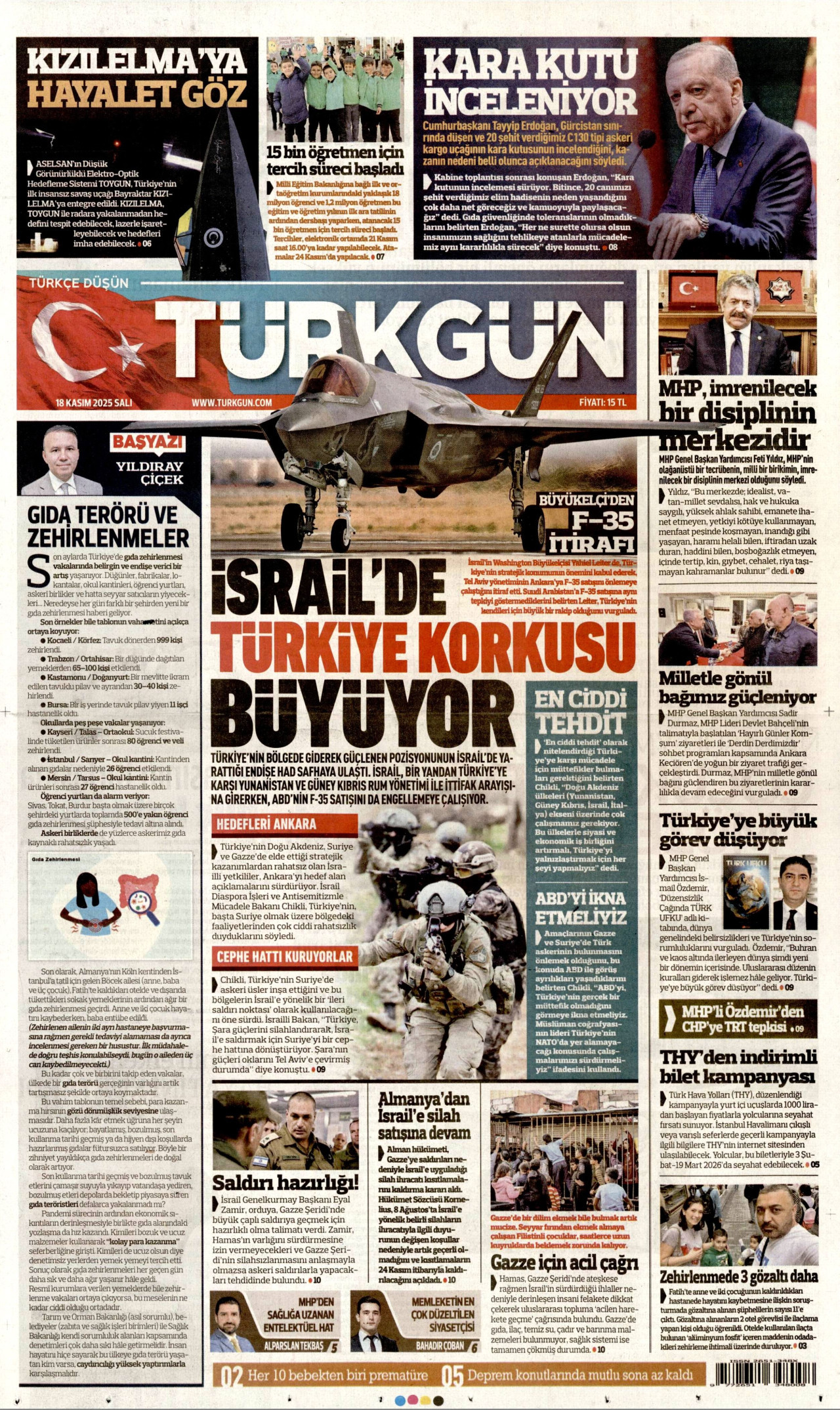 TÜRKGÜN gazetesinin 18 Kasım 2025 tarihli birinci sayfası