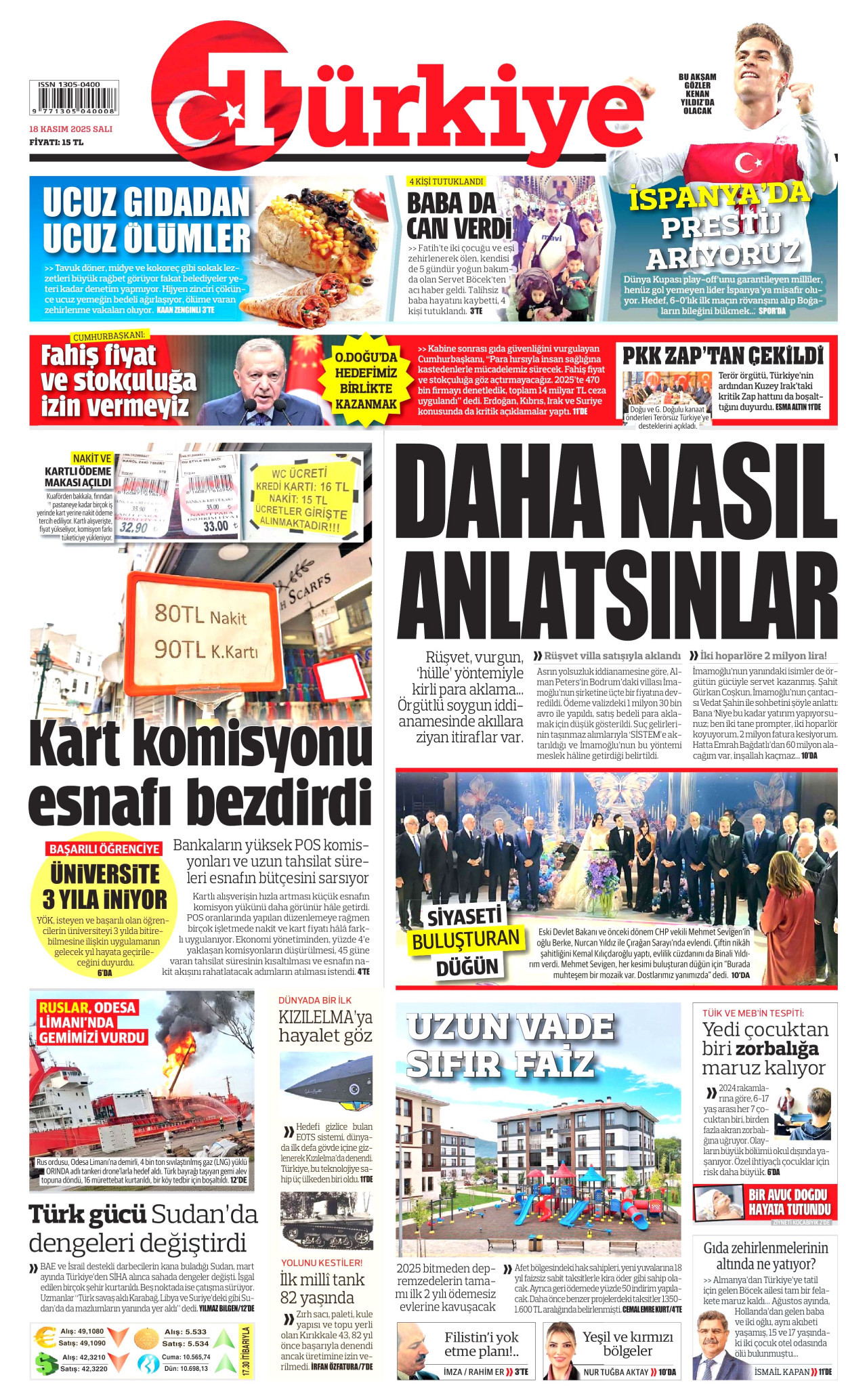 TÜRKİYE GAZETESİ gazetesinin 18 Kasım 2025 tarihli birinci sayfası