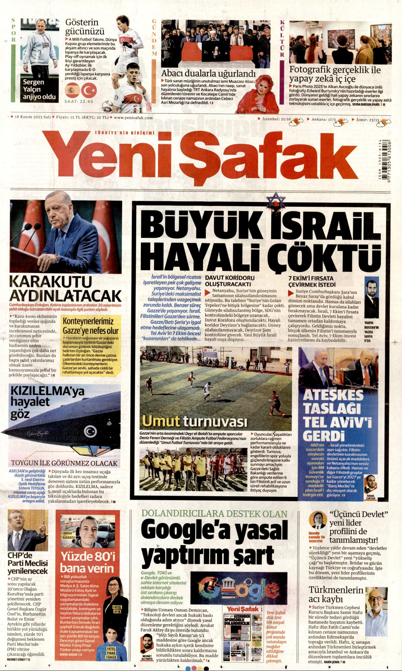 YENİ ŞAFAK gazetesinin 18 Kasım 2025 tarihli birinci sayfası