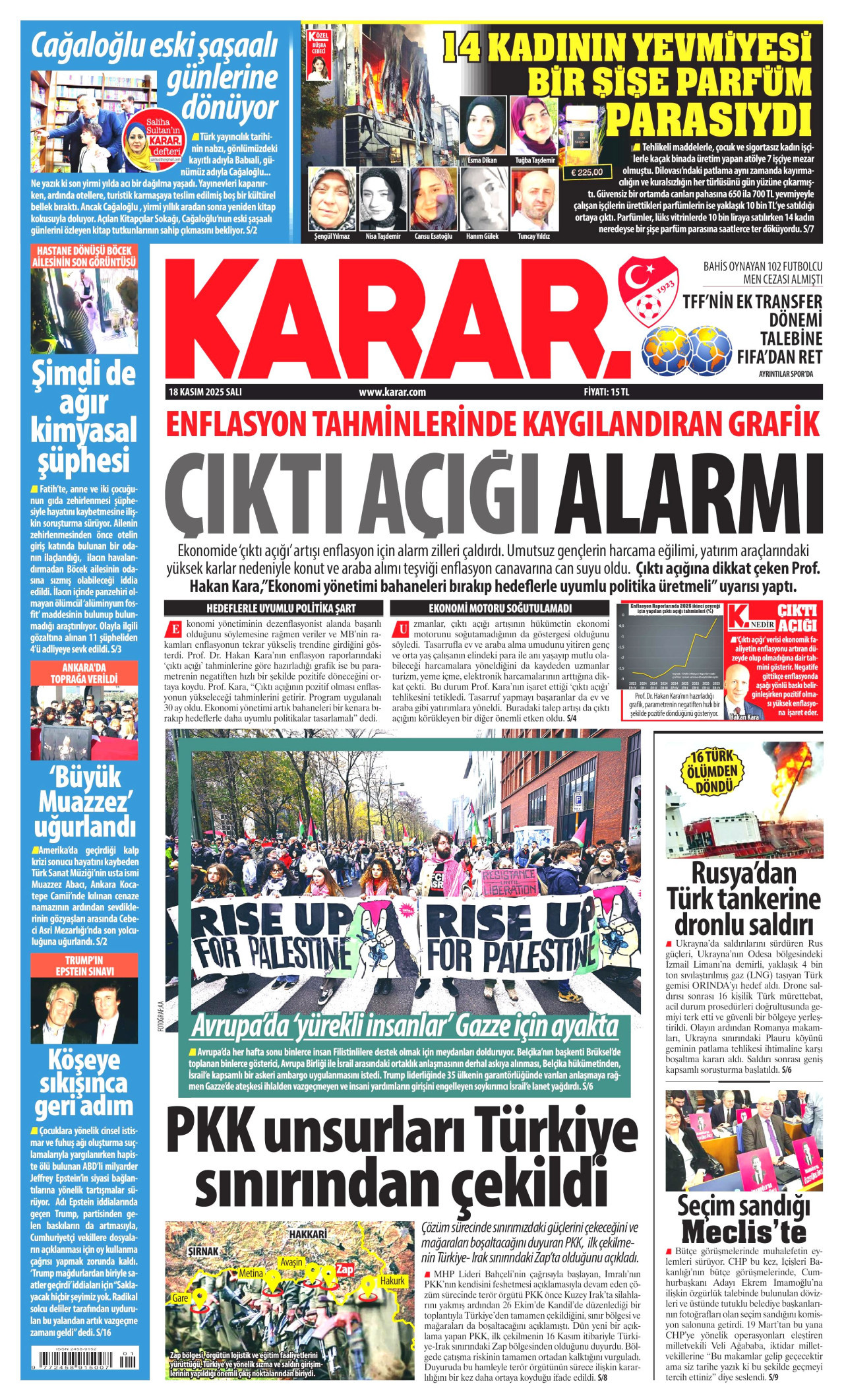 KARAR gazetesinin 18 Kasım 2025 tarihli birinci sayfası