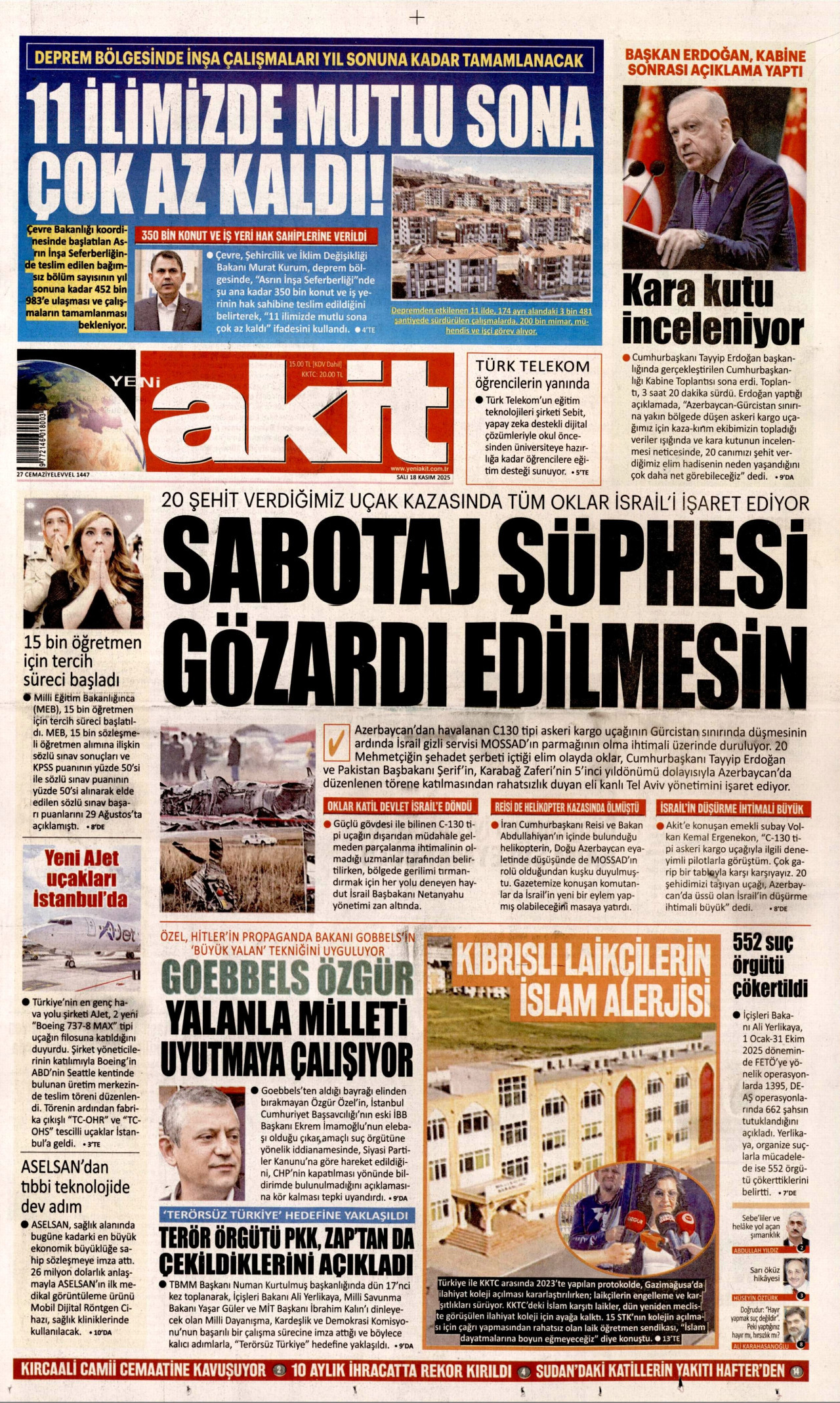 YENİ AKİT gazetesinin 18 Kasım 2025 tarihli birinci sayfası