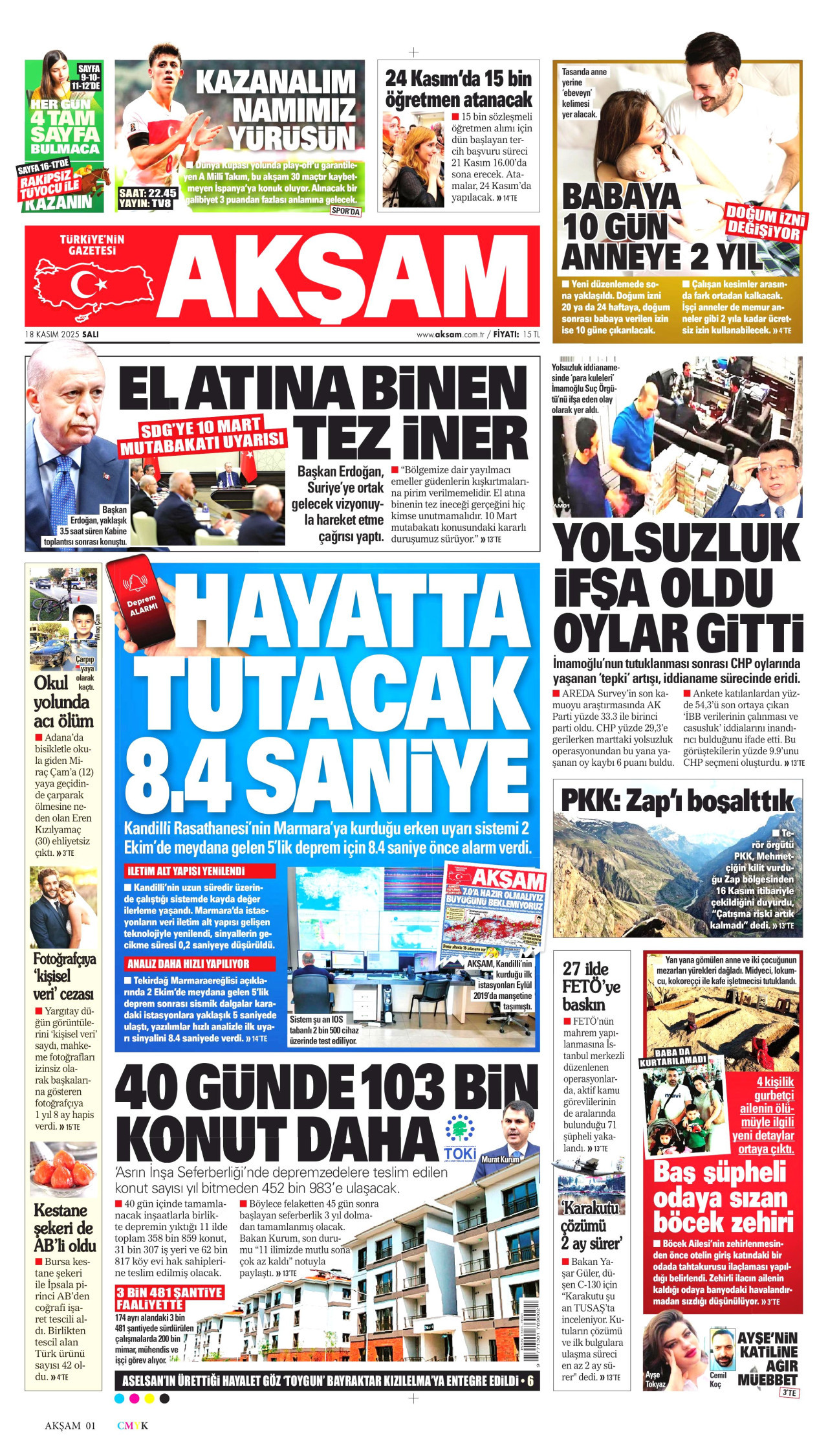 AKŞAM gazetesinin 18 Kasım 2025 tarihli birinci sayfası