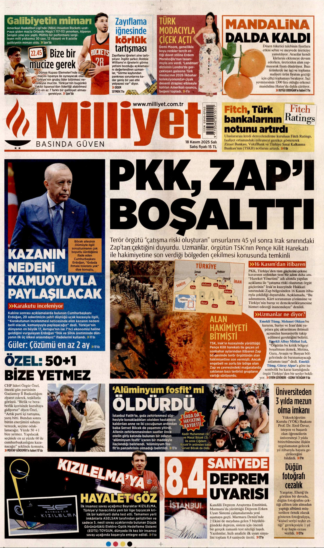 MİLLİYET gazetesinin 18 Kasım 2025 tarihli birinci sayfası