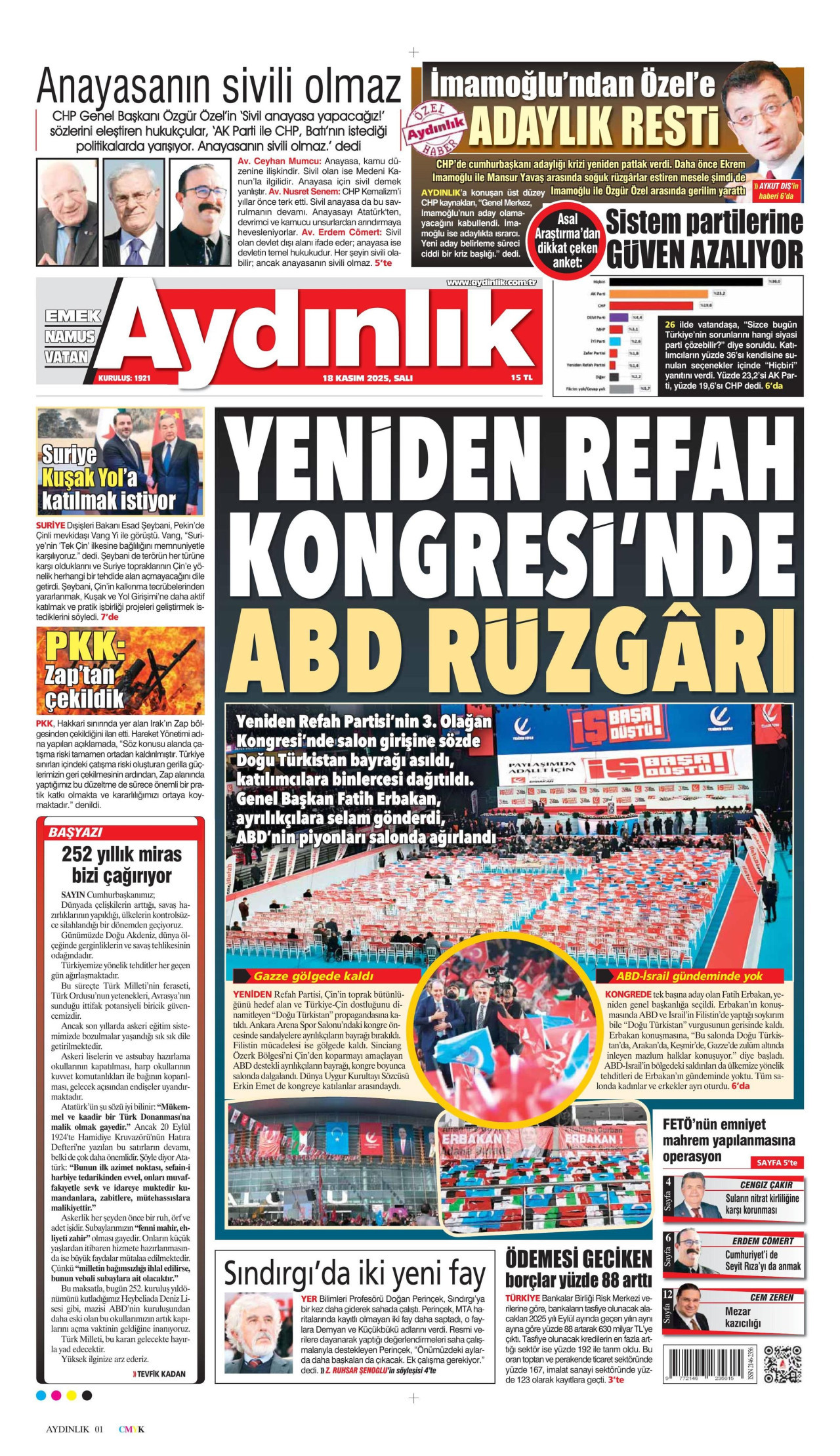 AYDINLIK GAZETESİ gazetesinin 18 Kasım 2025 tarihli birinci sayfası
