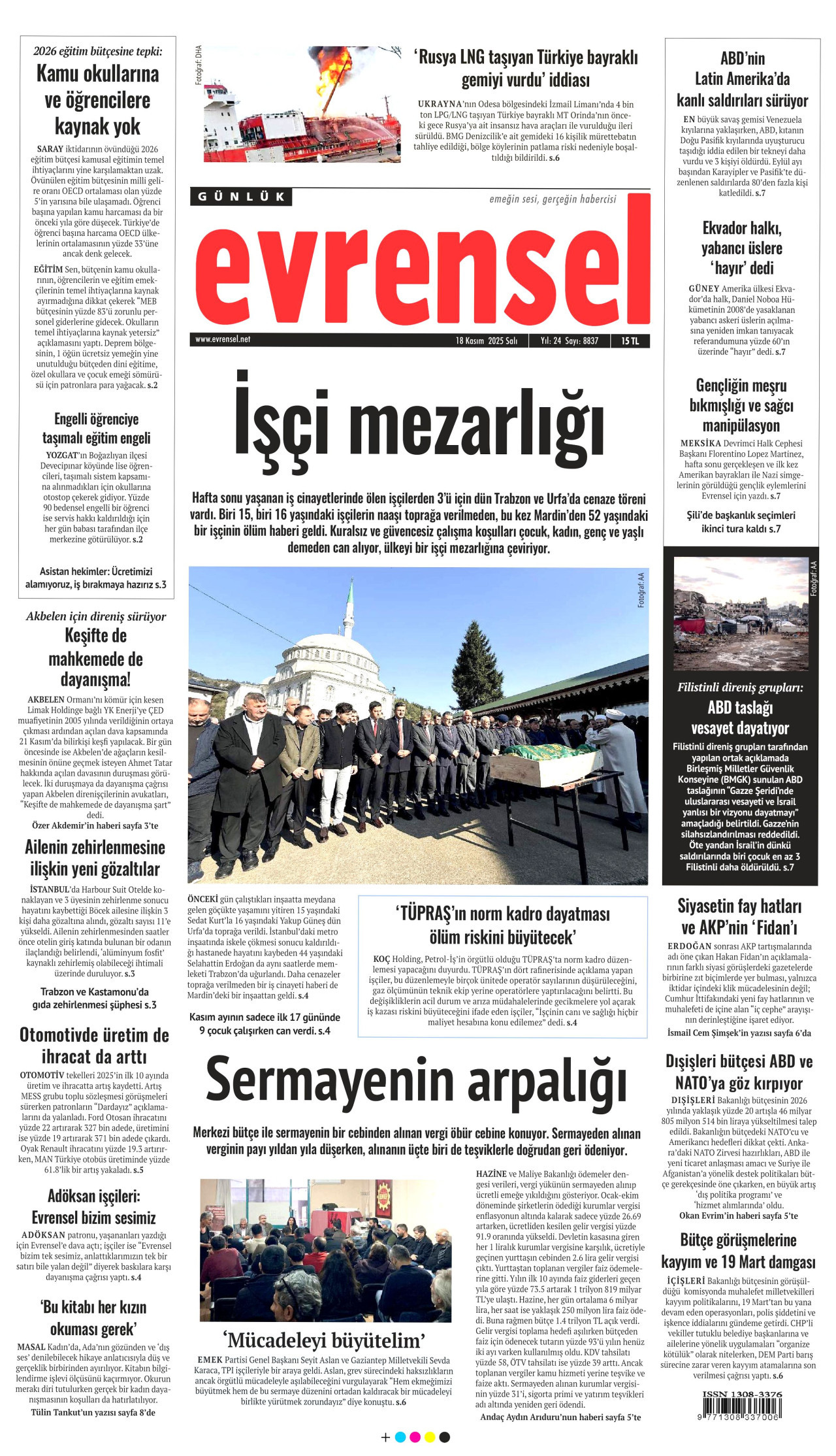 EVRENSEL gazetesinin 18 Kasım 2025 tarihli birinci sayfası