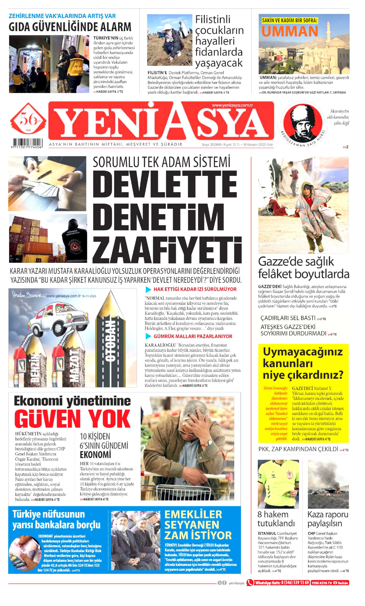 YENİ ASYA gazetesinin 18 Kasım 2025 tarihli birinci sayfası