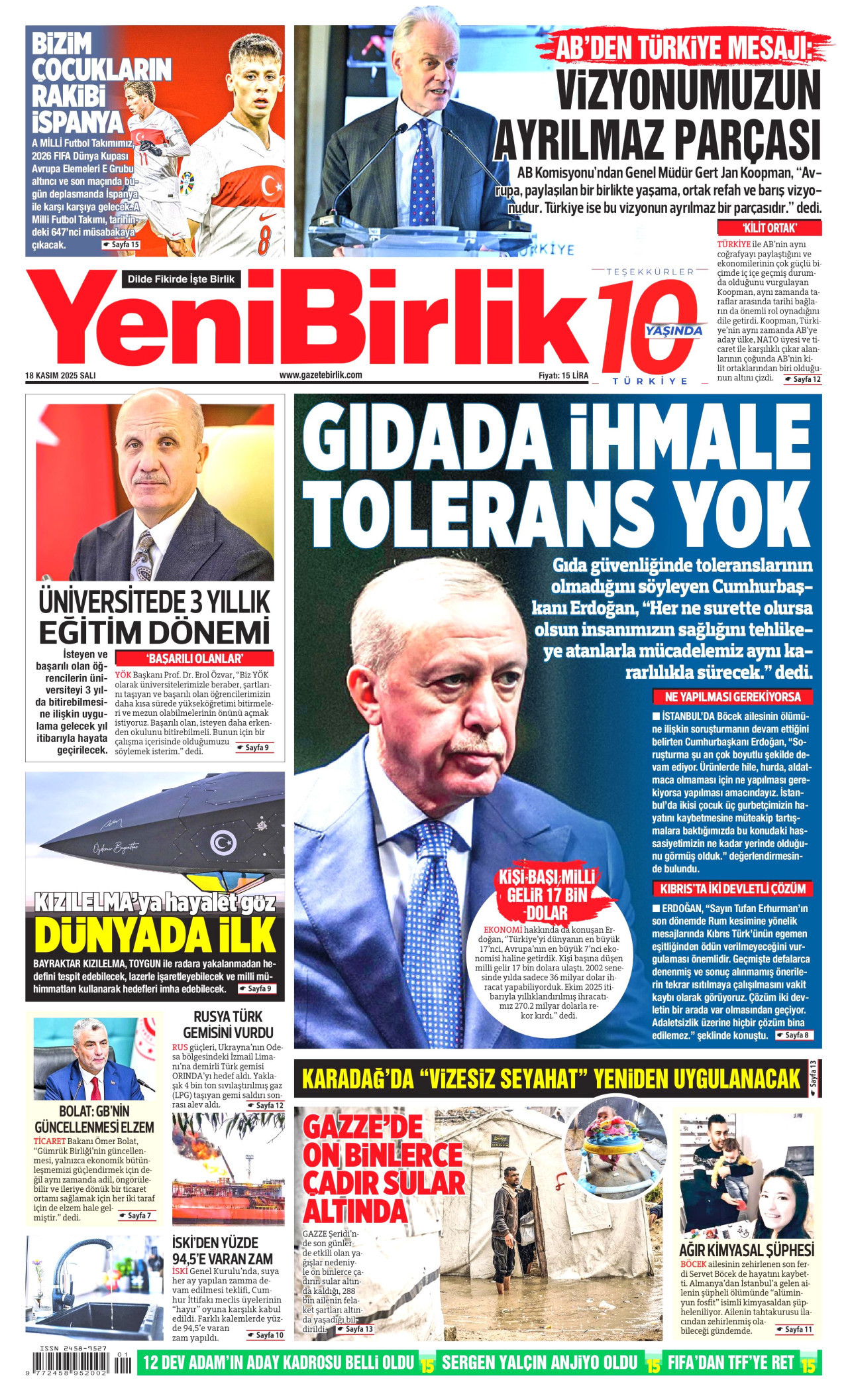 YENİBİRLİK gazetesinin 18 Kasım 2025 tarihli birinci sayfası