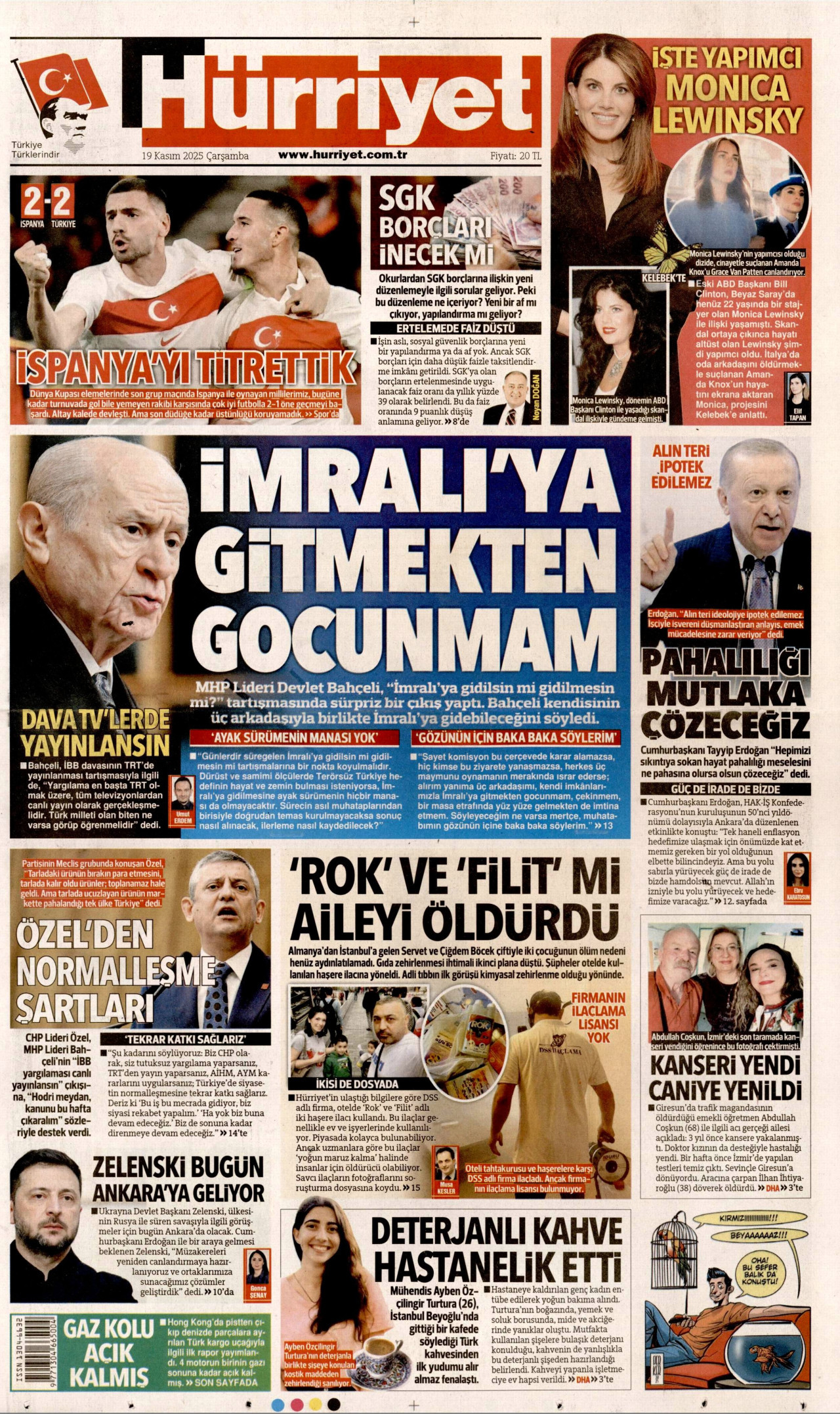 HÜRRİYET gazetesinin 19 Kasım 2025 tarihli birinci sayfası