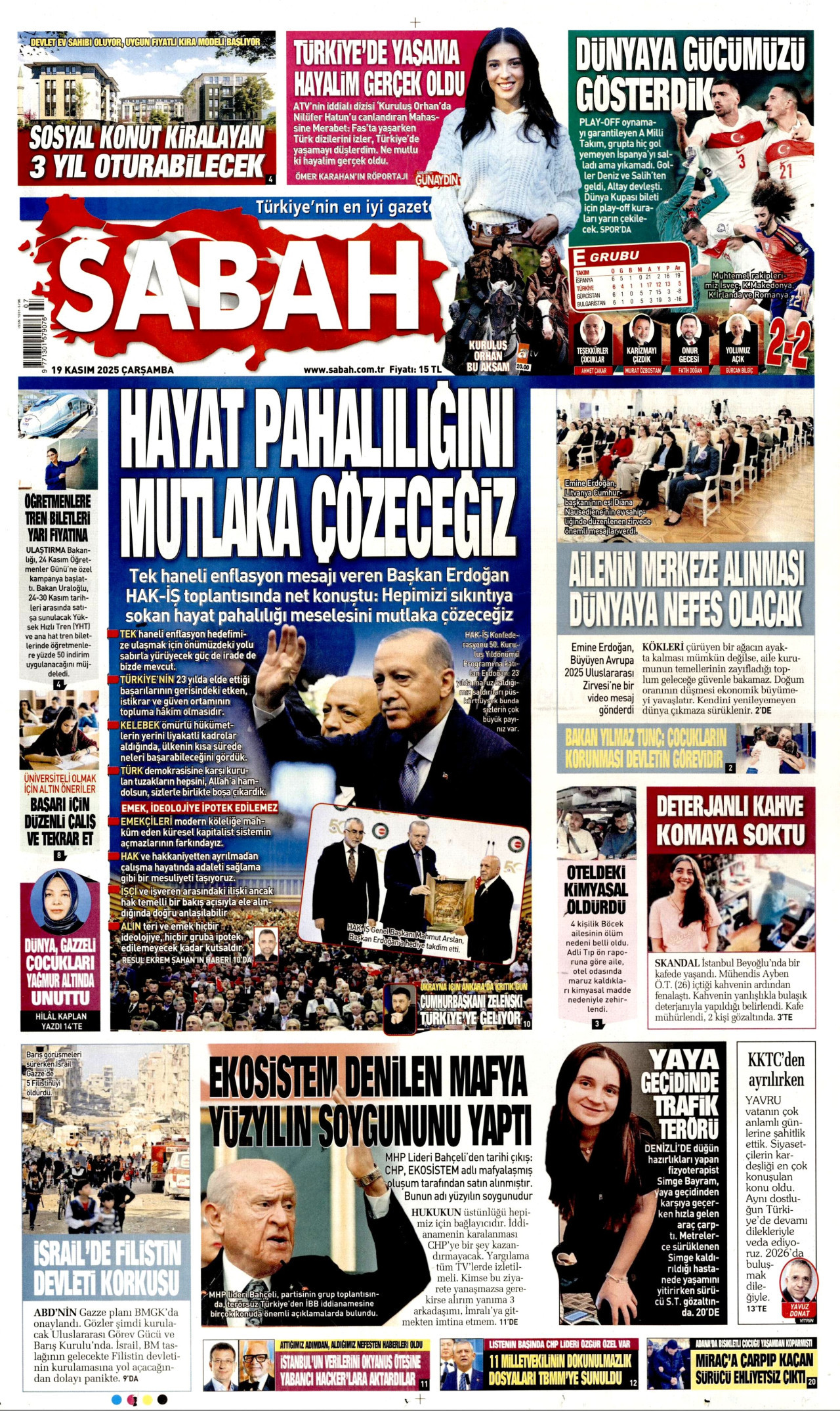 SABAH gazetesinin 19 Kasım 2025 tarihli birinci sayfası