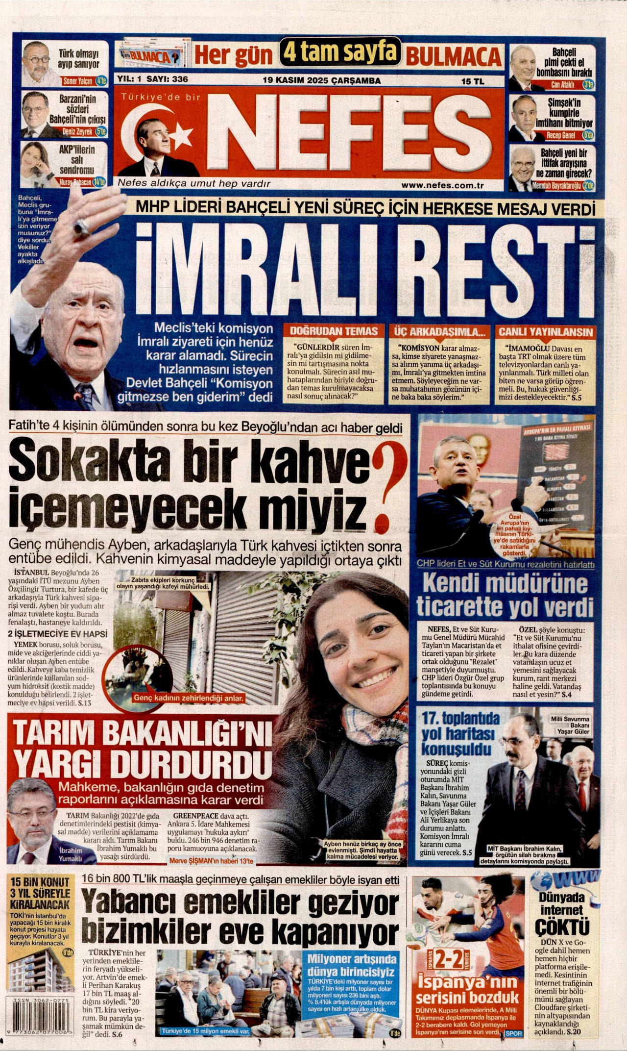 NEFES gazetesinin 19 Kasım 2025 tarihli birinci sayfası