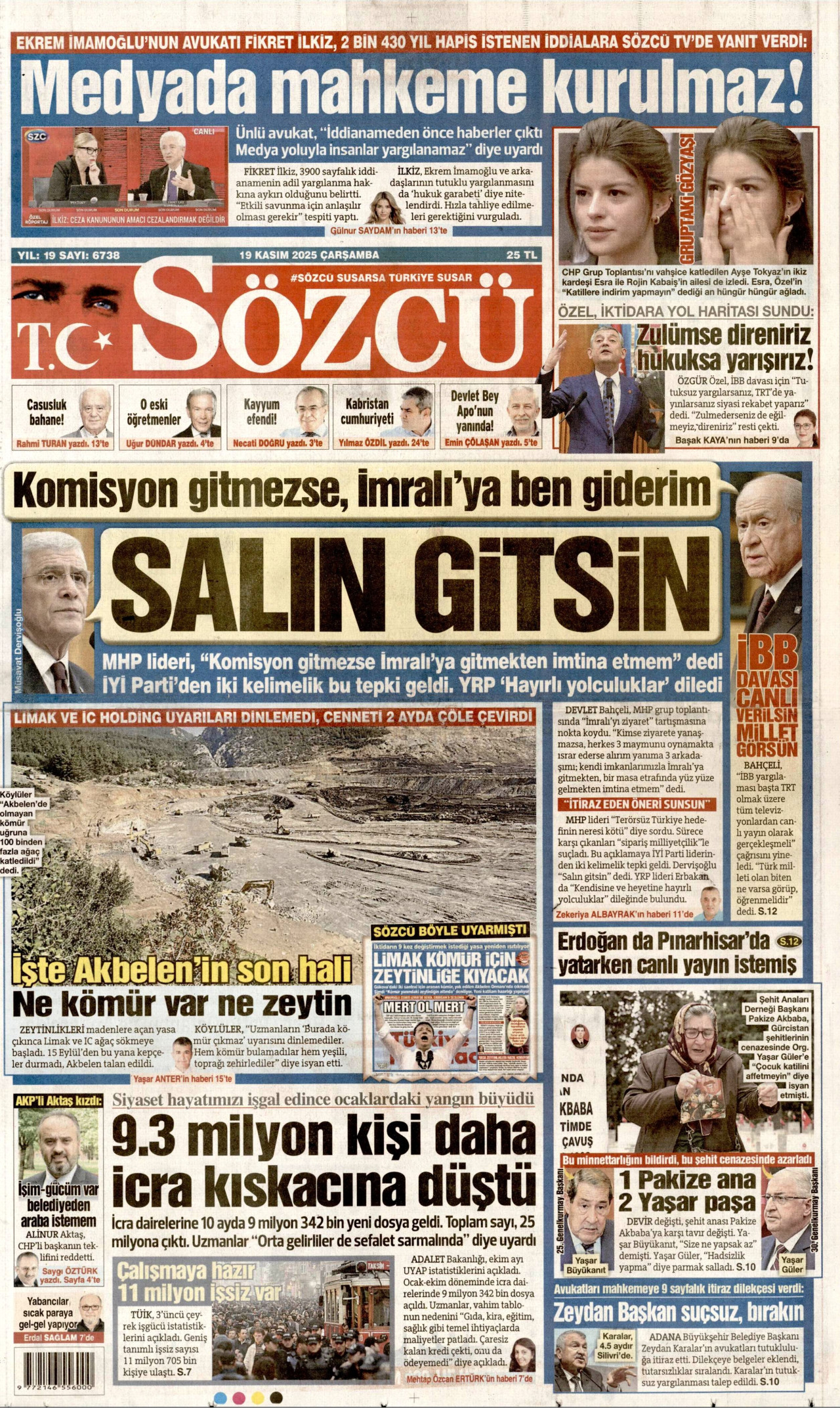 SÖZCÜ gazetesinin 19 Kasım 2025 tarihli birinci sayfası
