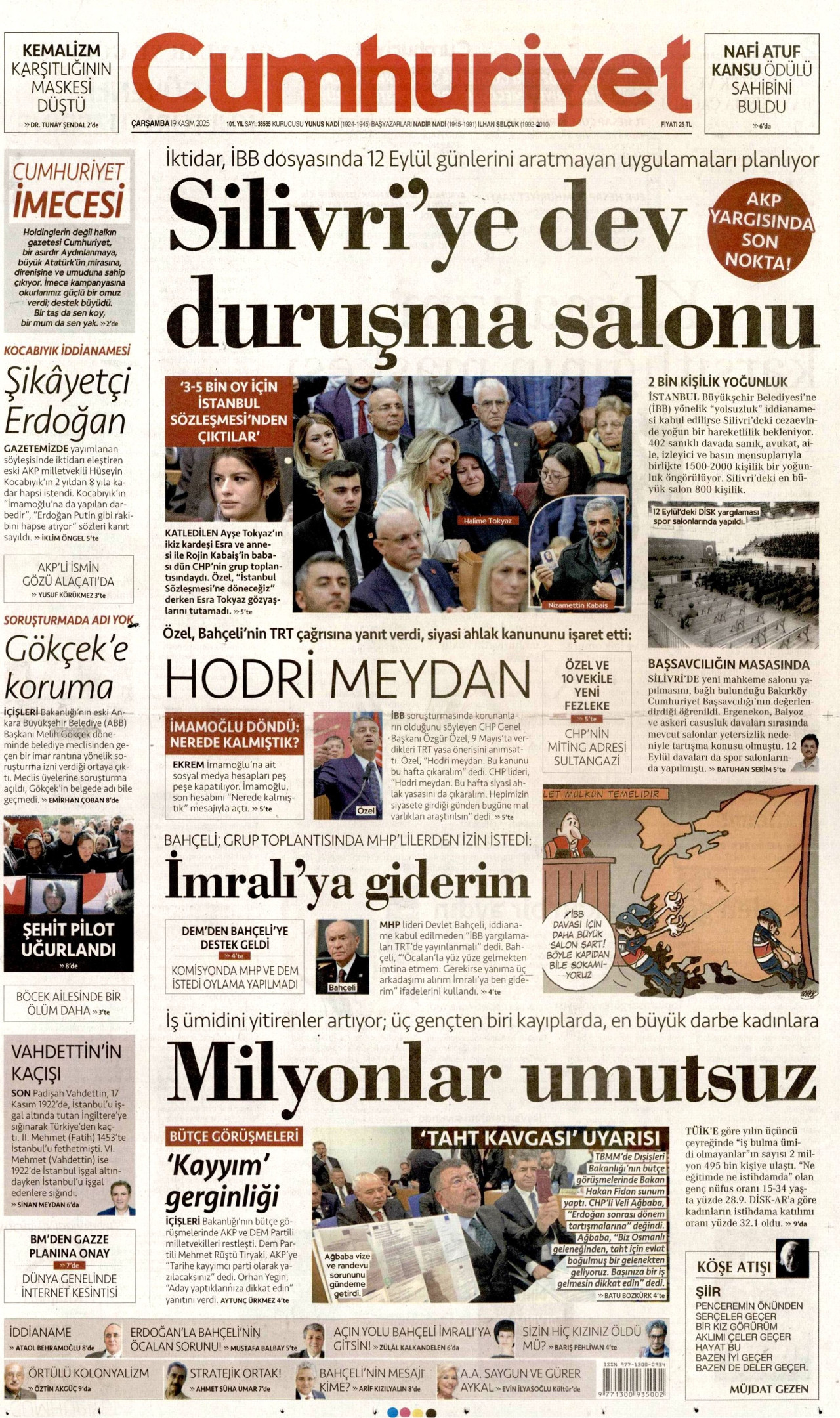 CUMHURİYET gazetesinin 19 Kasım 2025 tarihli birinci sayfası