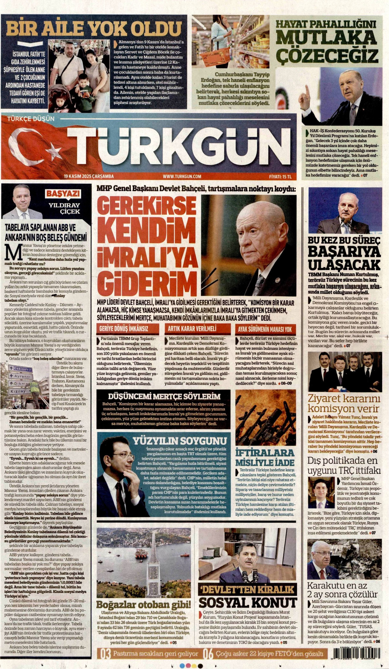 TÜRKGÜN gazetesinin 19 Kasım 2025 tarihli birinci sayfası