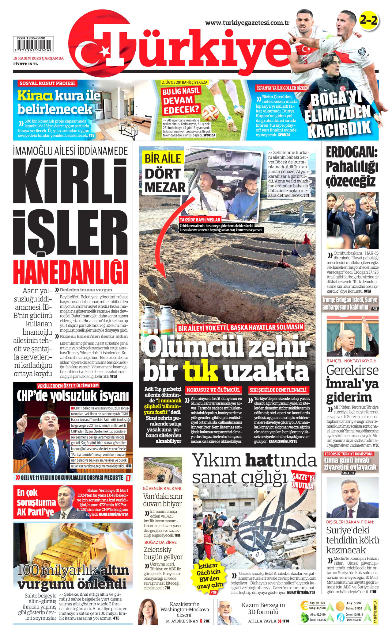 TÜRKİYE GAZETESİ gazetesinin 19 Kasım 2025 tarihli birinci sayfası