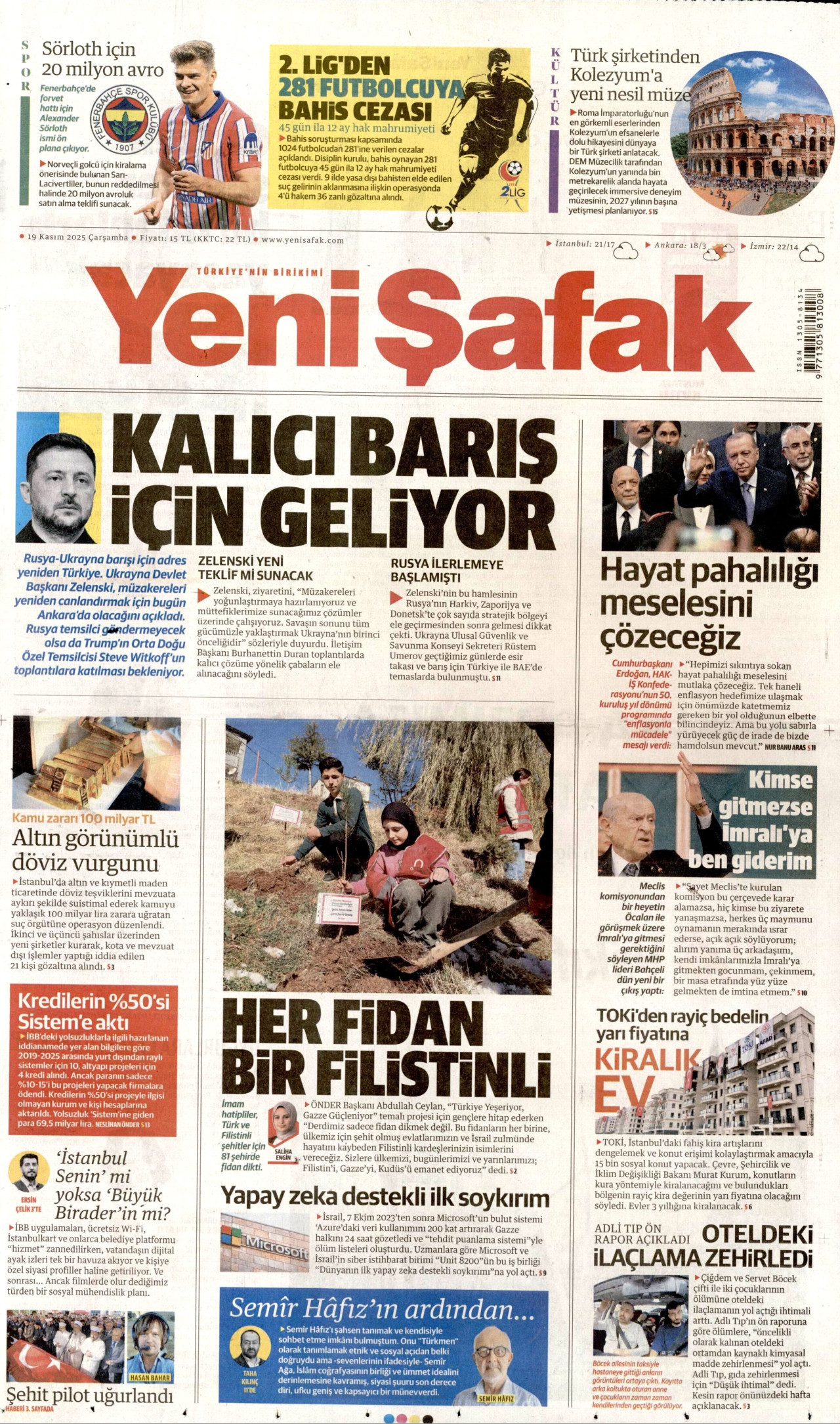 YENİ ŞAFAK gazetesinin 19 Kasım 2025 tarihli birinci sayfası