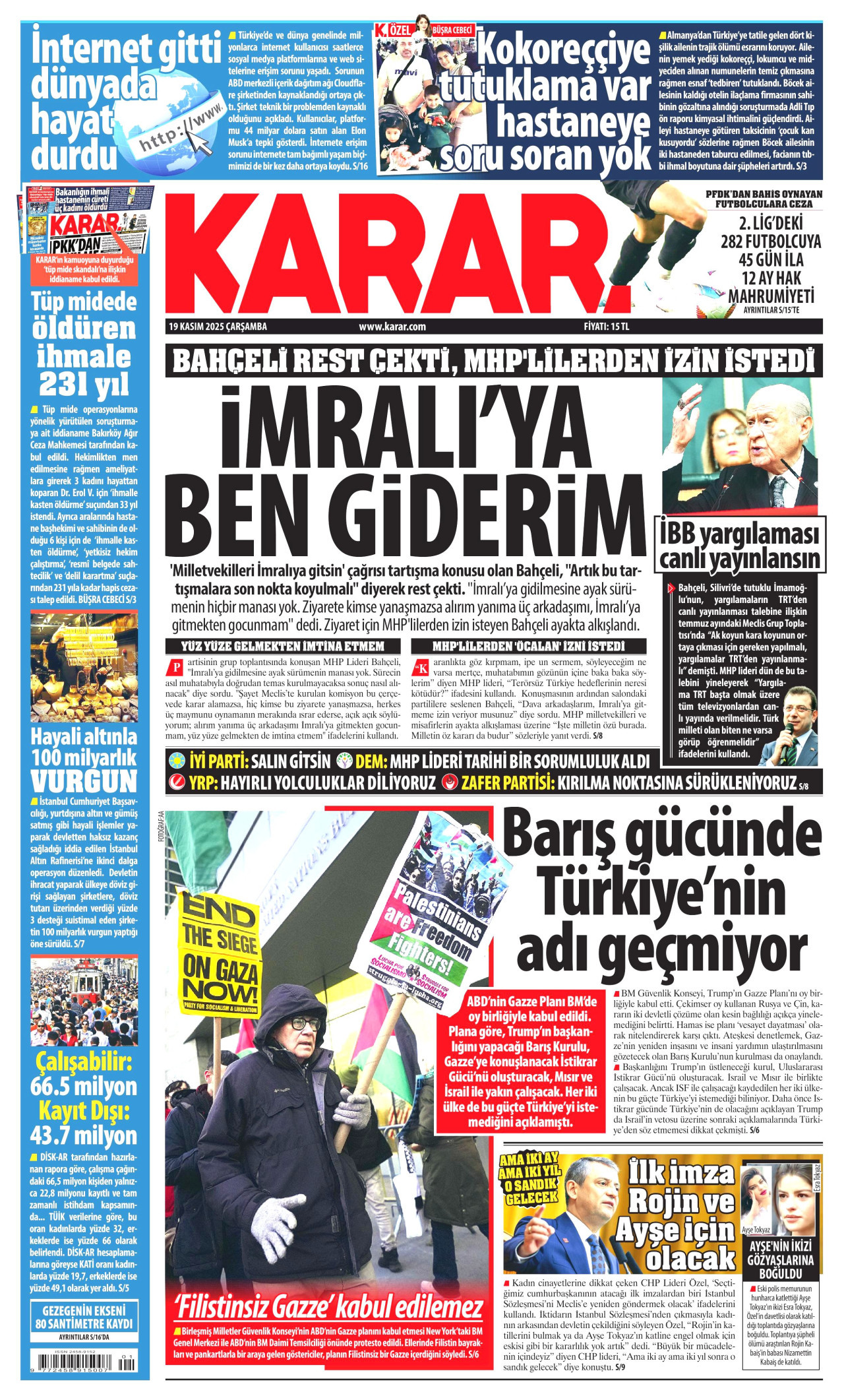 KARAR gazetesinin 19 Kasım 2025 tarihli birinci sayfası