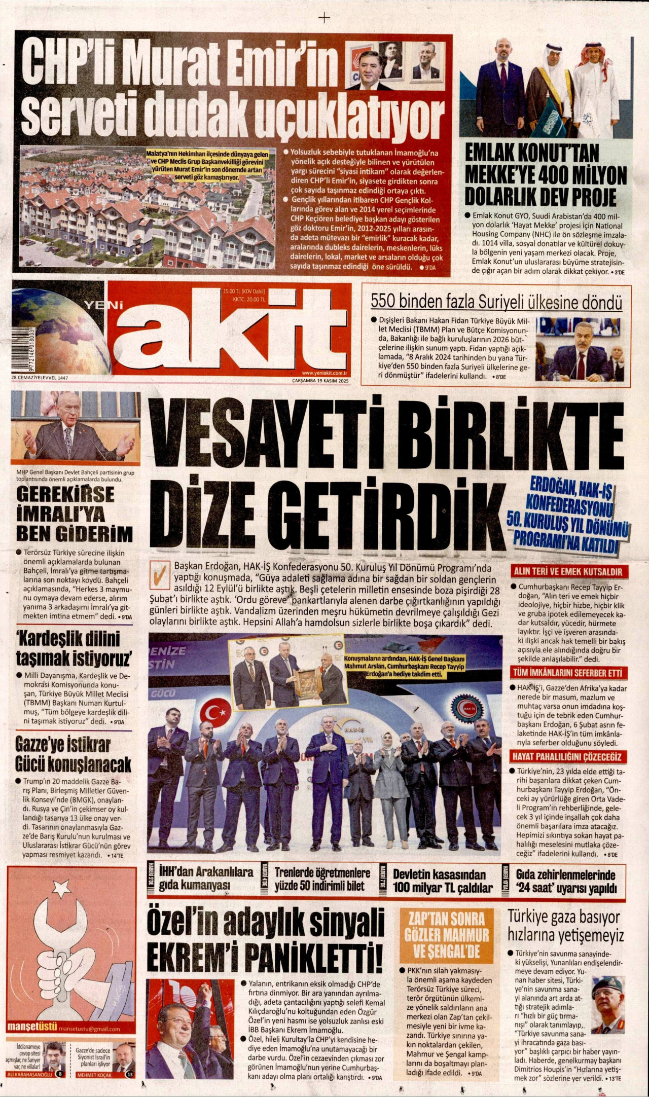 YENİ AKİT gazetesinin 19 Kasım 2025 tarihli birinci sayfası