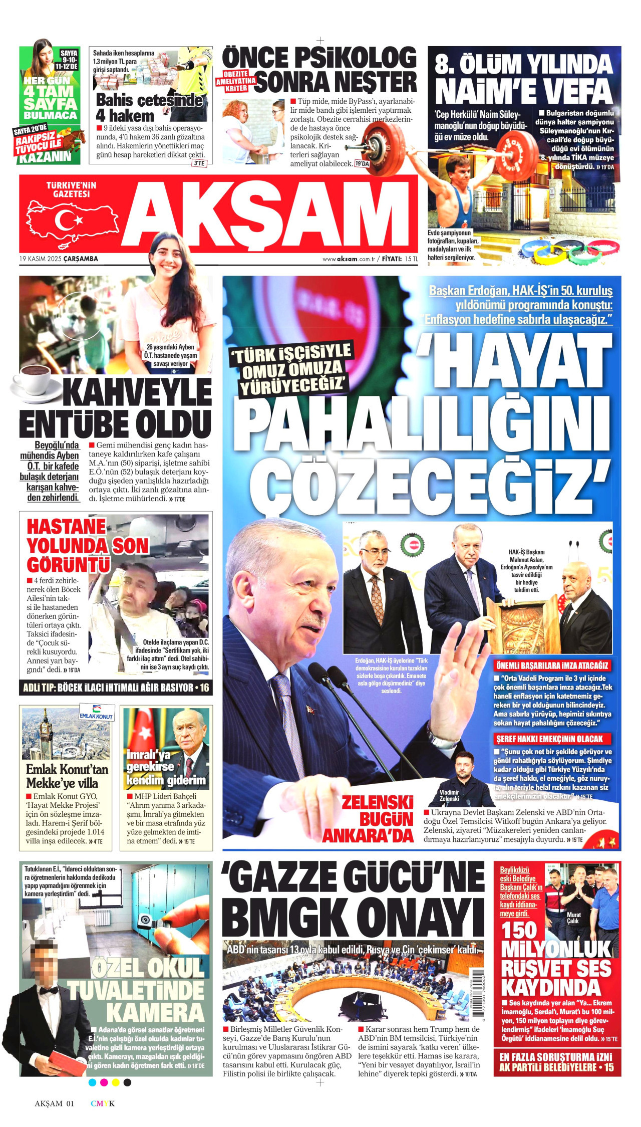 AKŞAM gazetesinin 19 Kasım 2025 tarihli birinci sayfası