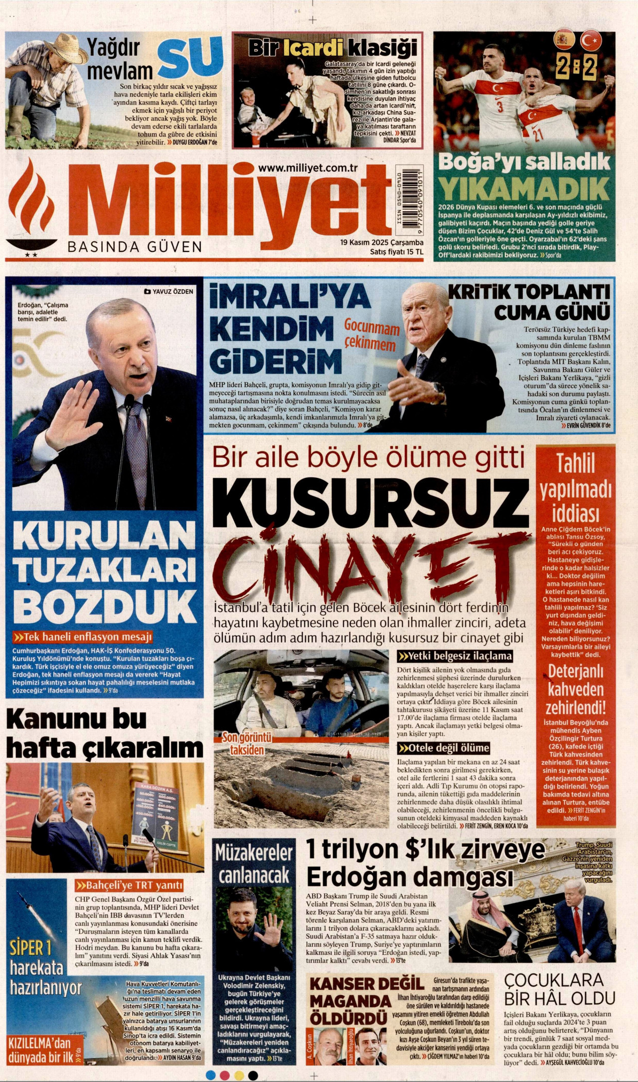 MİLLİYET gazetesinin 19 Kasım 2025 tarihli birinci sayfası