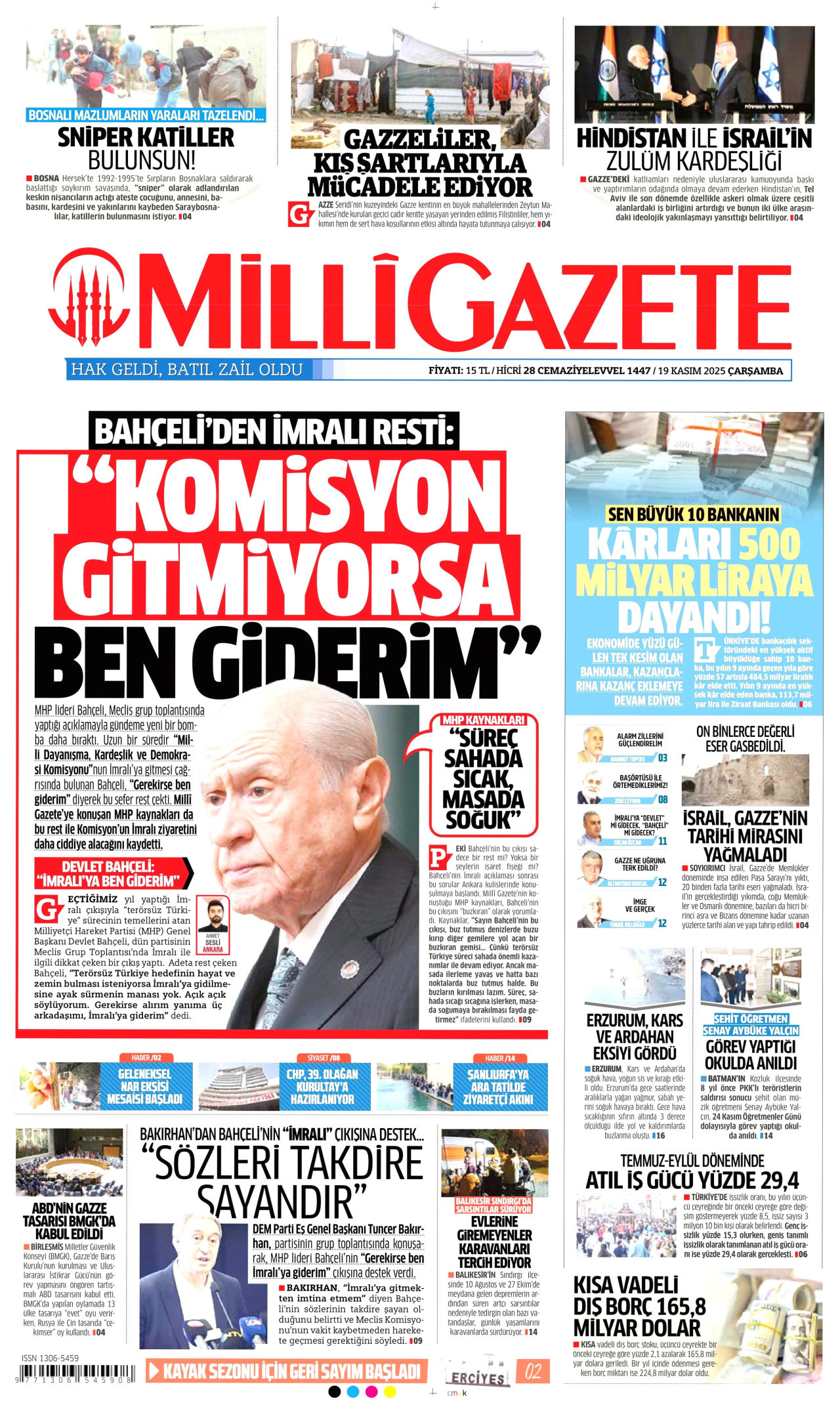 MİLLİ GAZETE gazetesinin 19 Kasım 2025 tarihli birinci sayfası