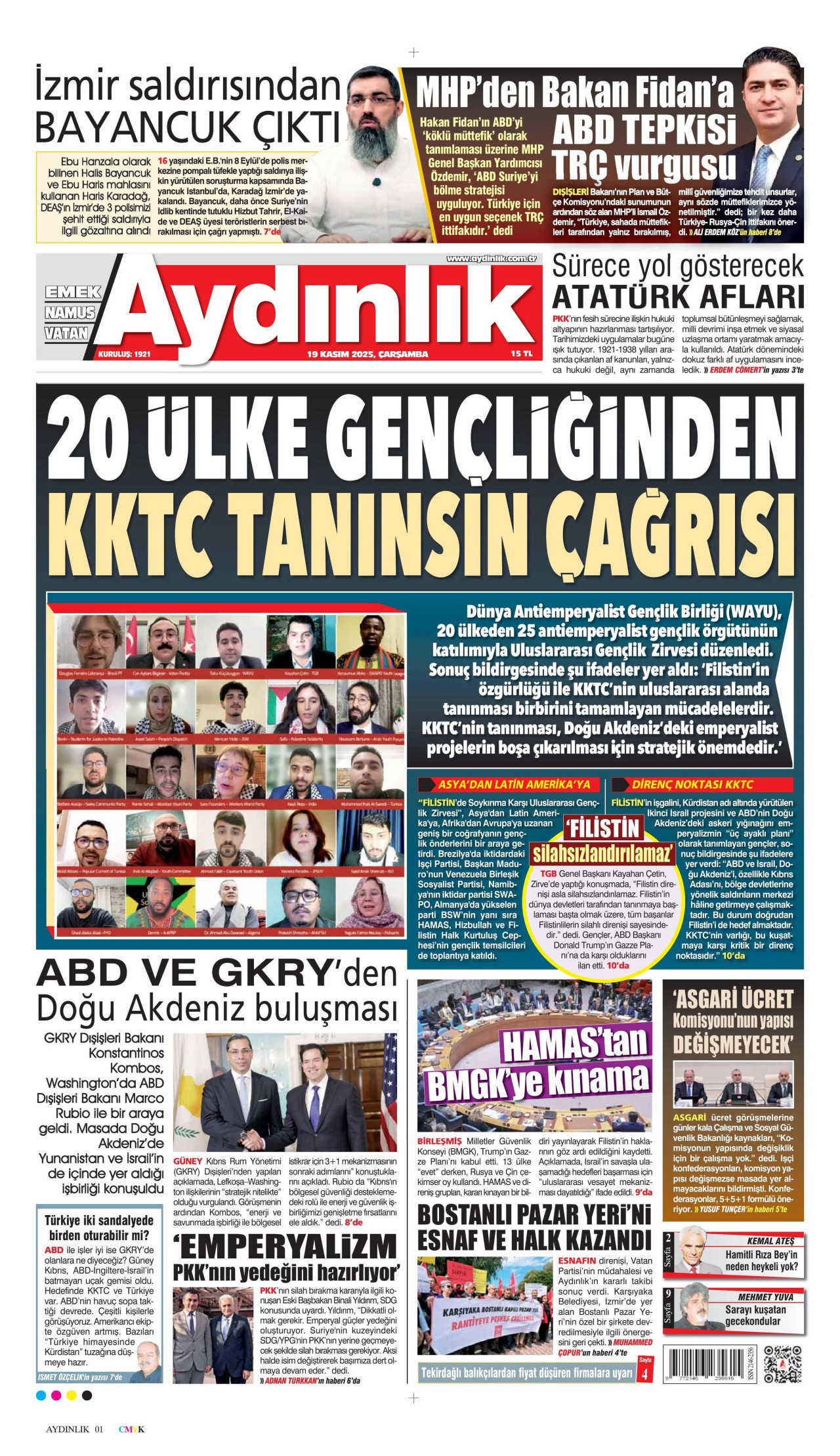 AYDINLIK GAZETESİ gazetesinin 19 Kasım 2025 tarihli birinci sayfası