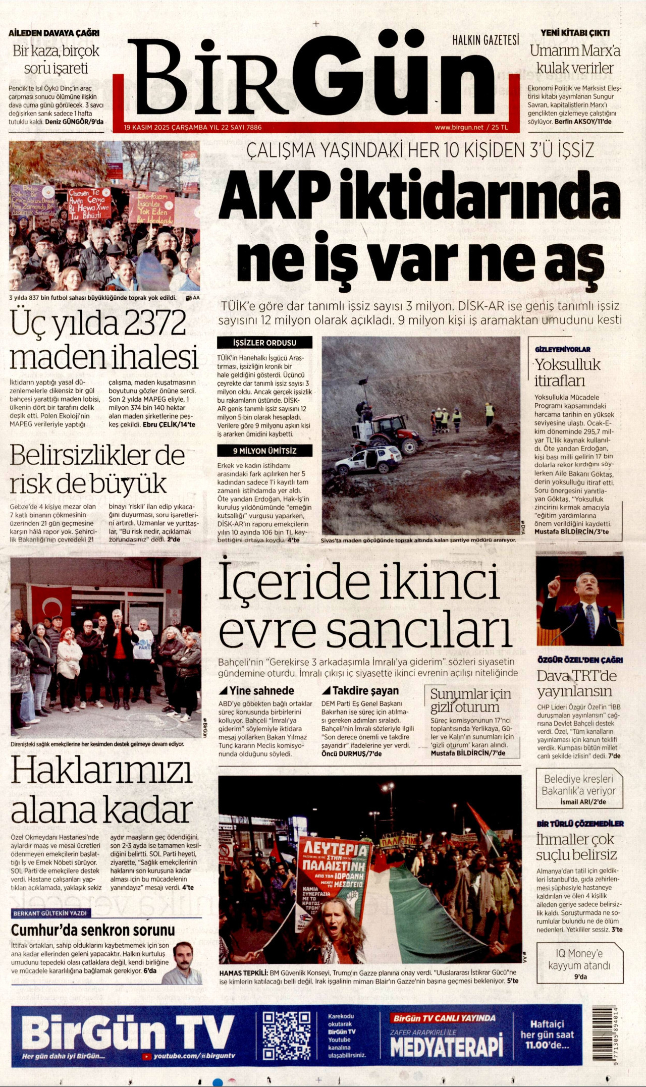 BİRGÜN gazetesinin 19 Kasım 2025 tarihli birinci sayfası