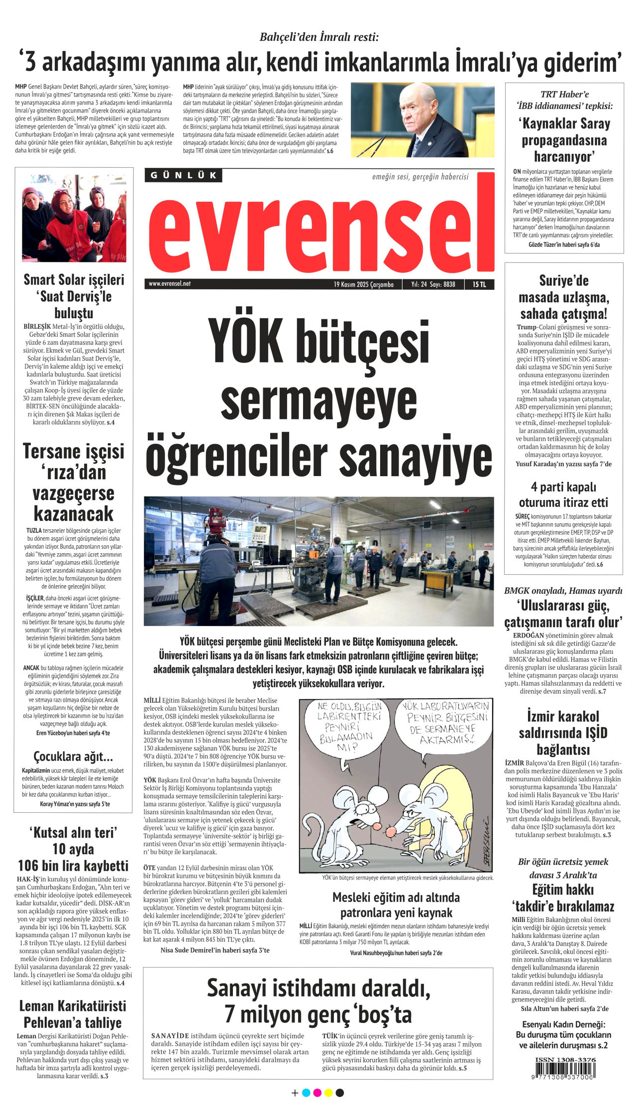 EVRENSEL gazetesinin 19 Kasım 2025 tarihli birinci sayfası