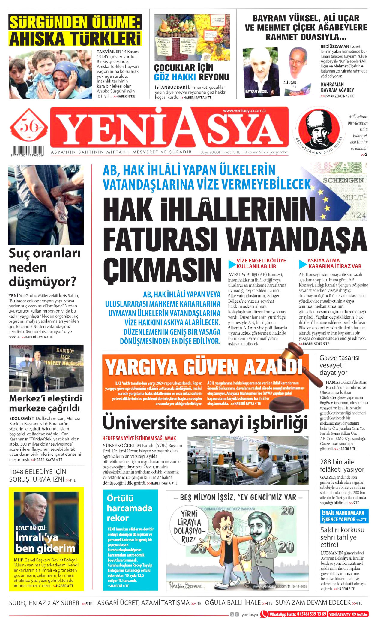 YENİ ASYA gazetesinin 19 Kasım 2025 tarihli birinci sayfası