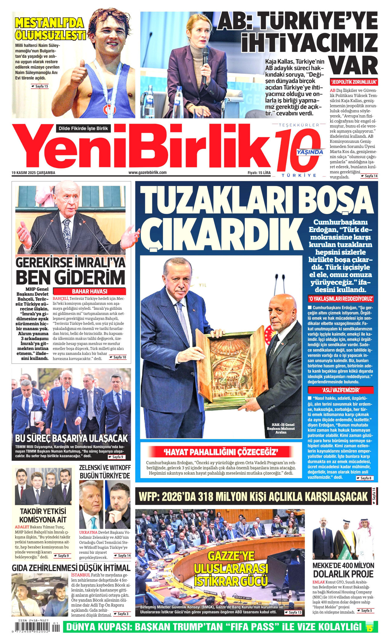 YENİBİRLİK gazetesinin 19 Kasım 2025 tarihli birinci sayfası
