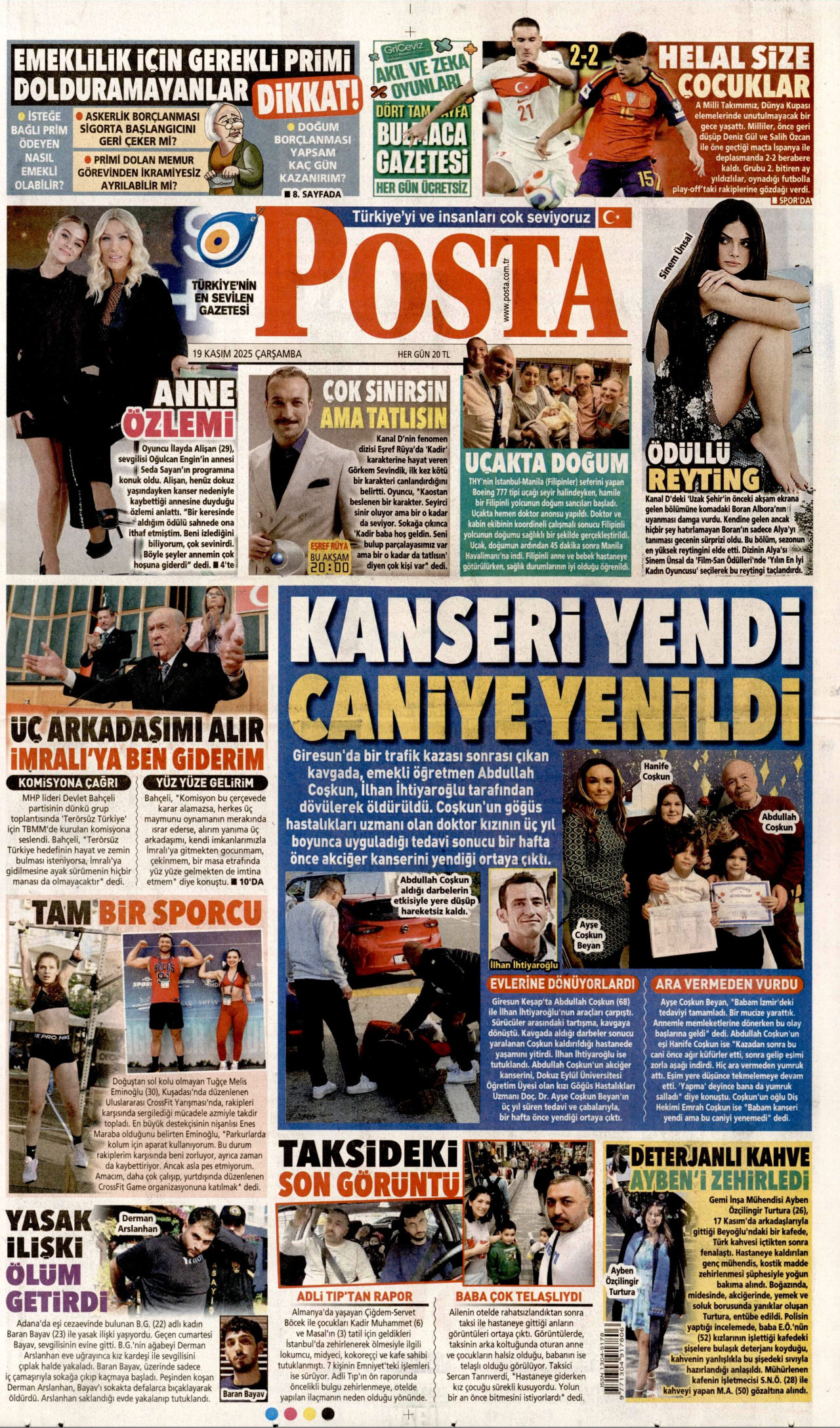 POSTA gazetesinin 19 Kasım 2025 tarihli birinci sayfası