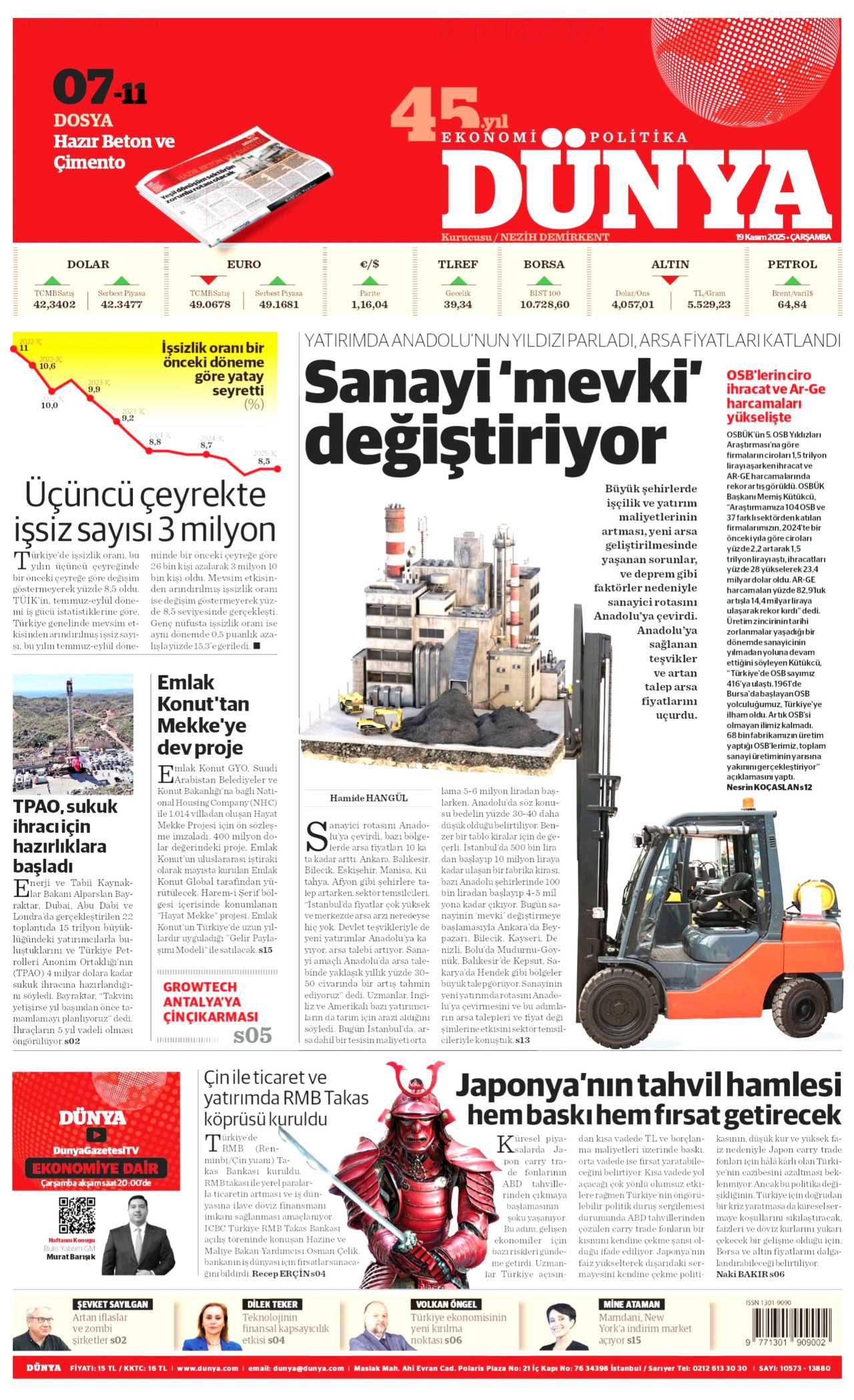 DÜNYA gazetesinin 19 Kasım 2025 tarihli birinci sayfası