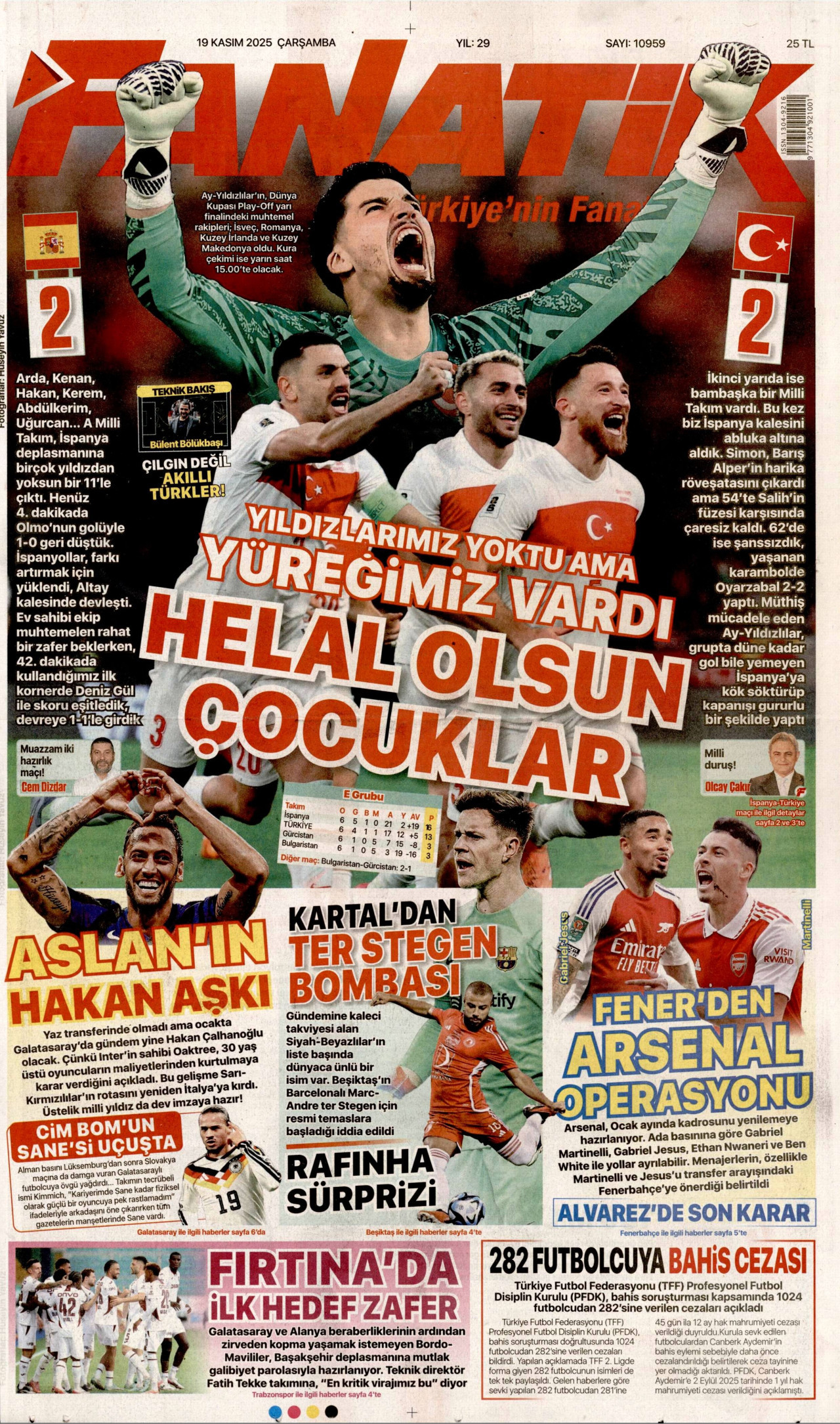 FANATİK gazetesinin 19 Kasım 2025 tarihli birinci sayfası