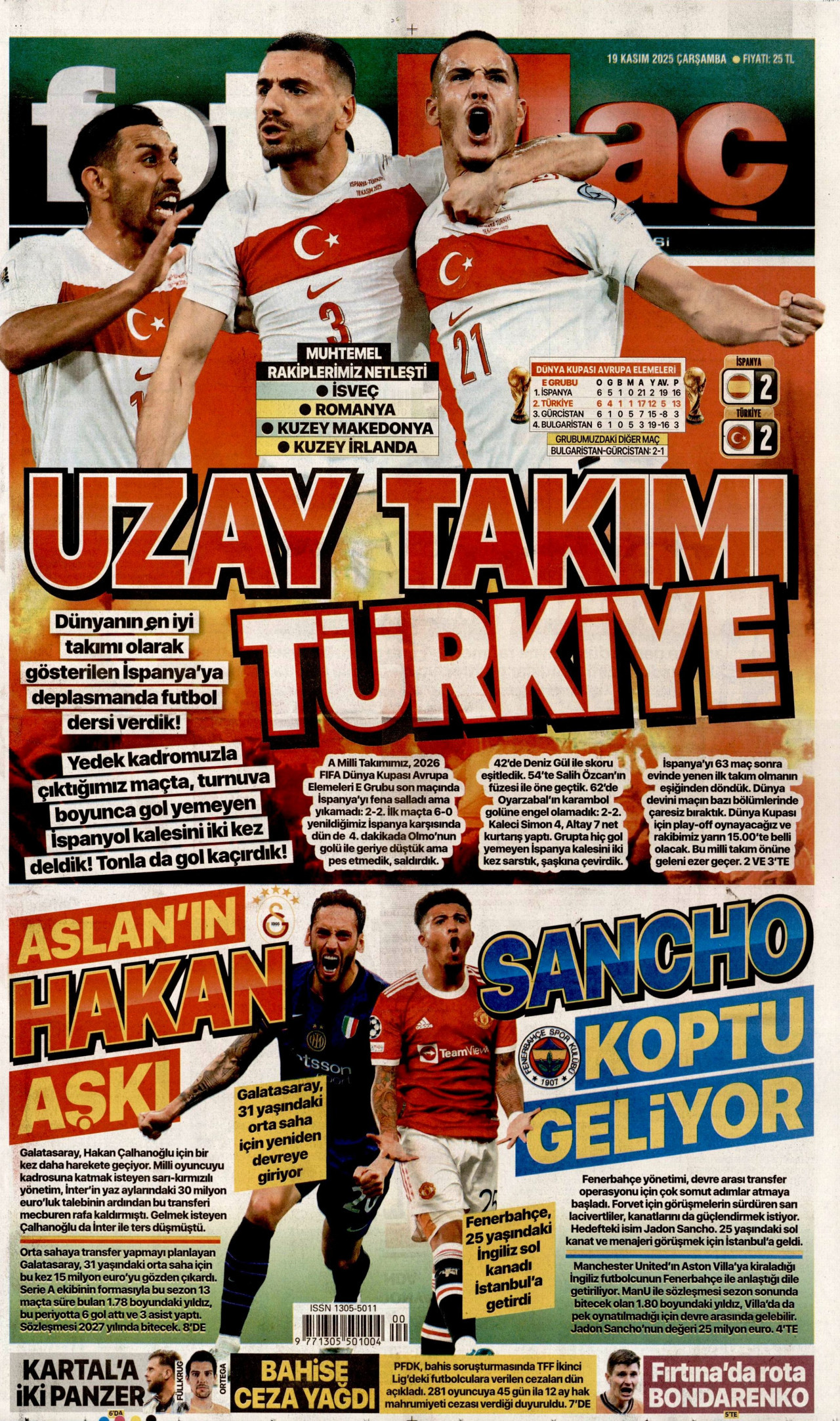 FOTOMAÇ gazetesinin 19 Kasım 2025 tarihli birinci sayfası