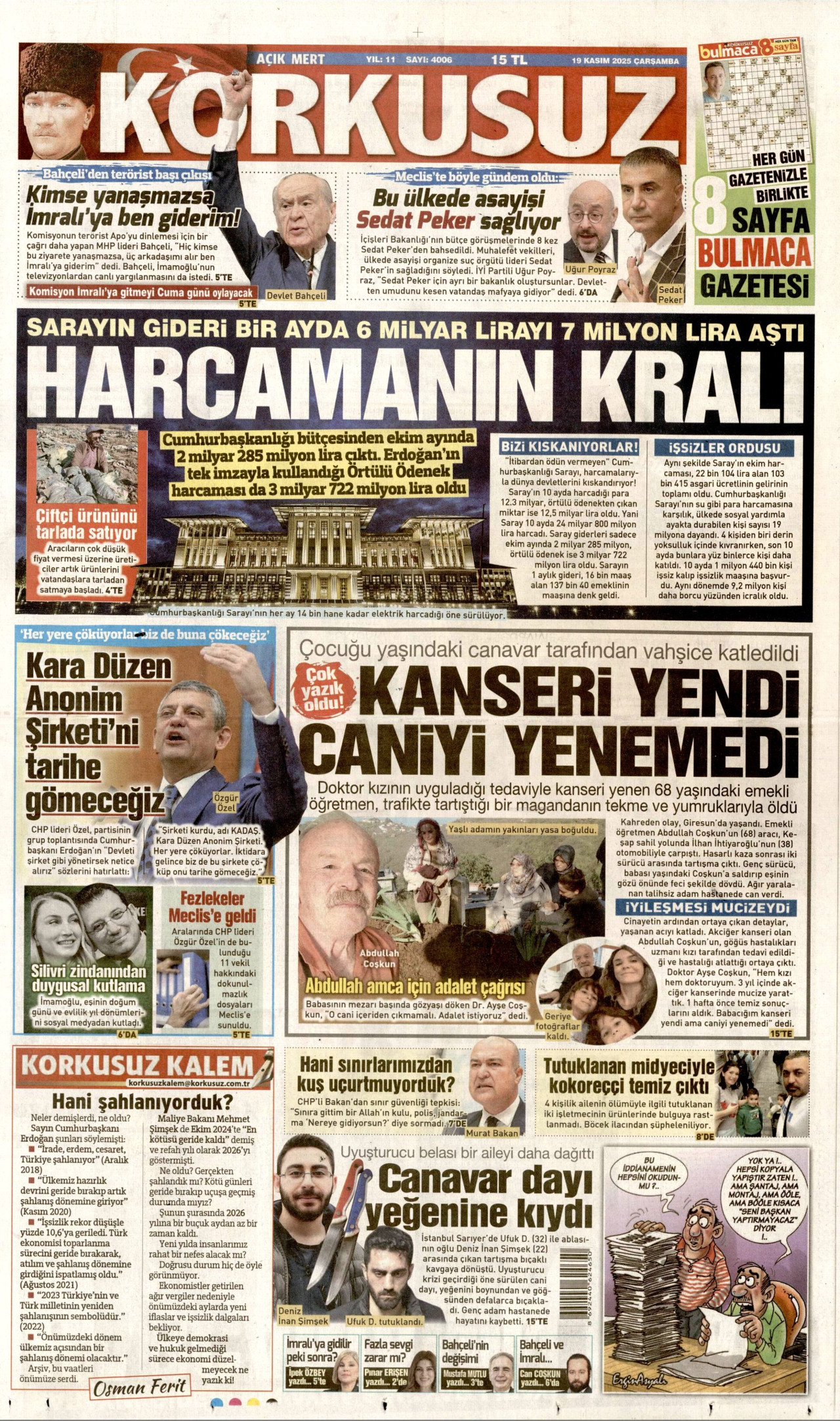 KORKUSUZ gazetesinin 19 Kasım 2025 tarihli birinci sayfası