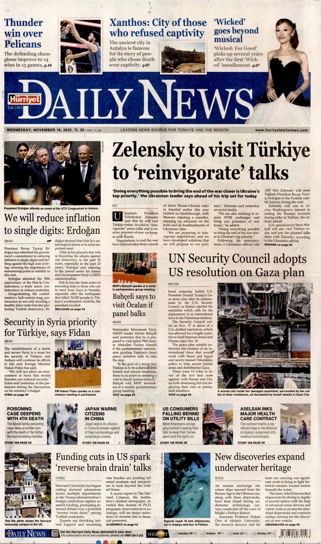 HÜRRİYET DAİLY NEWS gazetesinin 19 Kasım 2025 tarihli birinci sayfası
