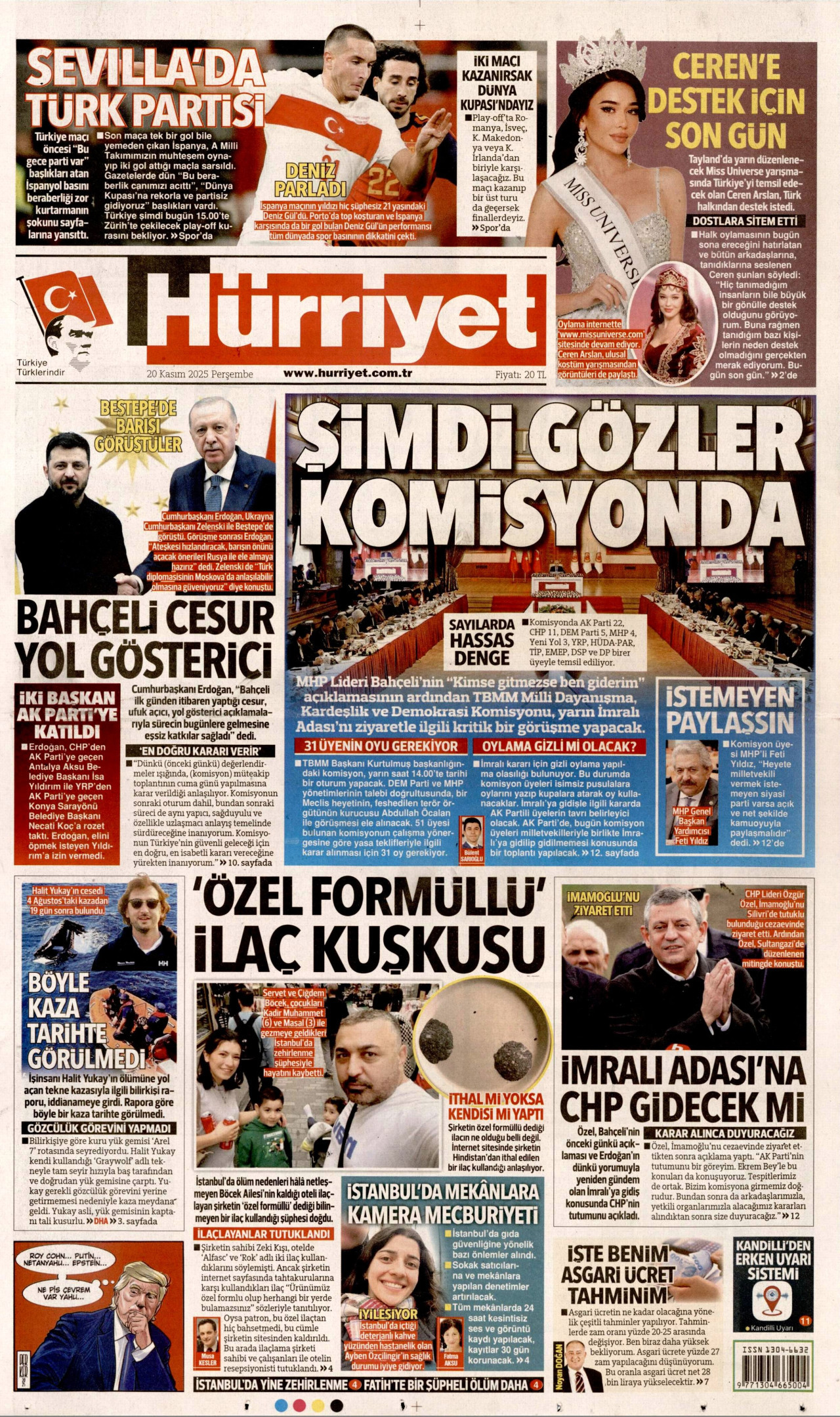 HÜRRİYET gazetesinin 20 Kasım 2025 tarihli birinci sayfası