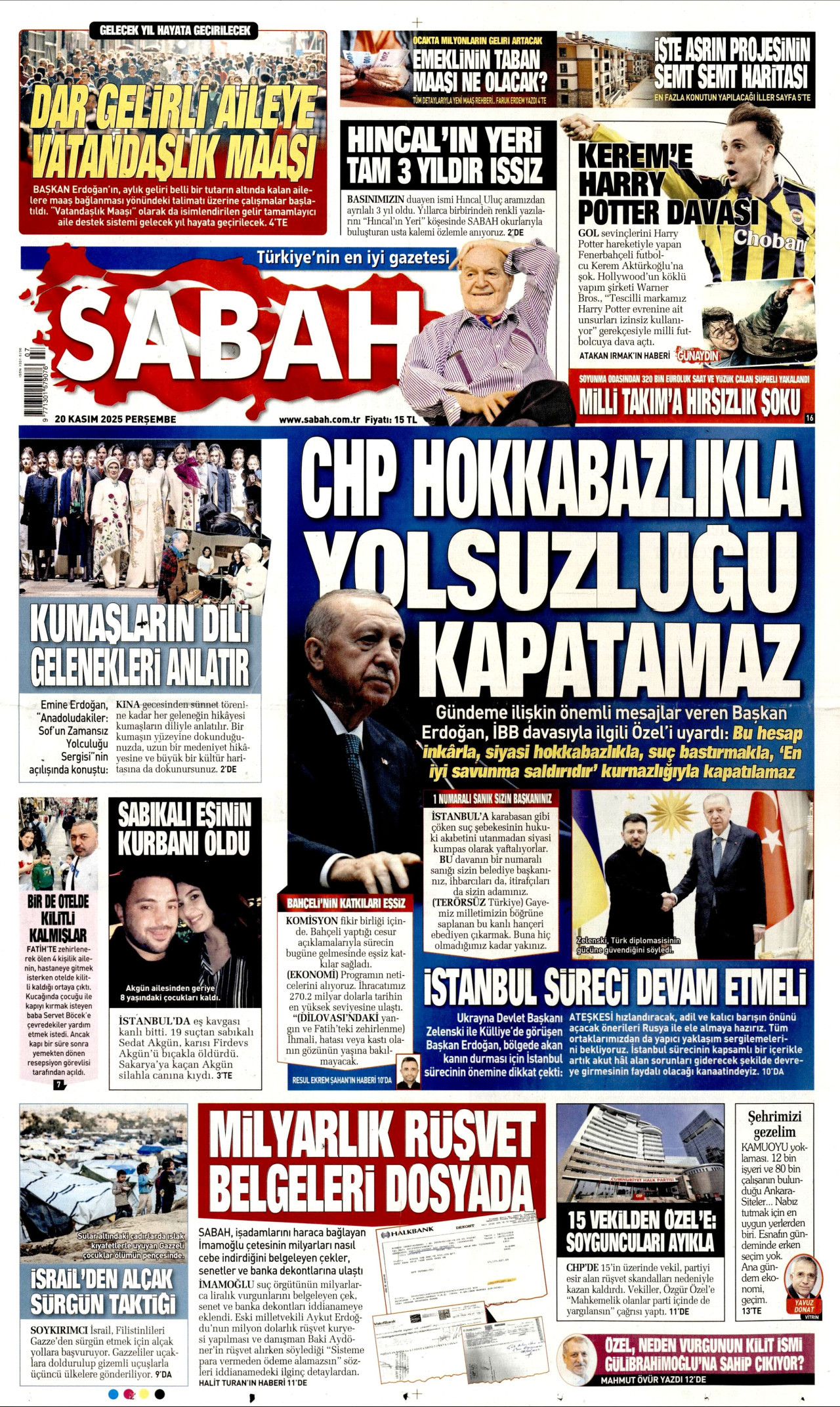 SABAH gazetesinin 20 Kasım 2025 tarihli birinci sayfası
