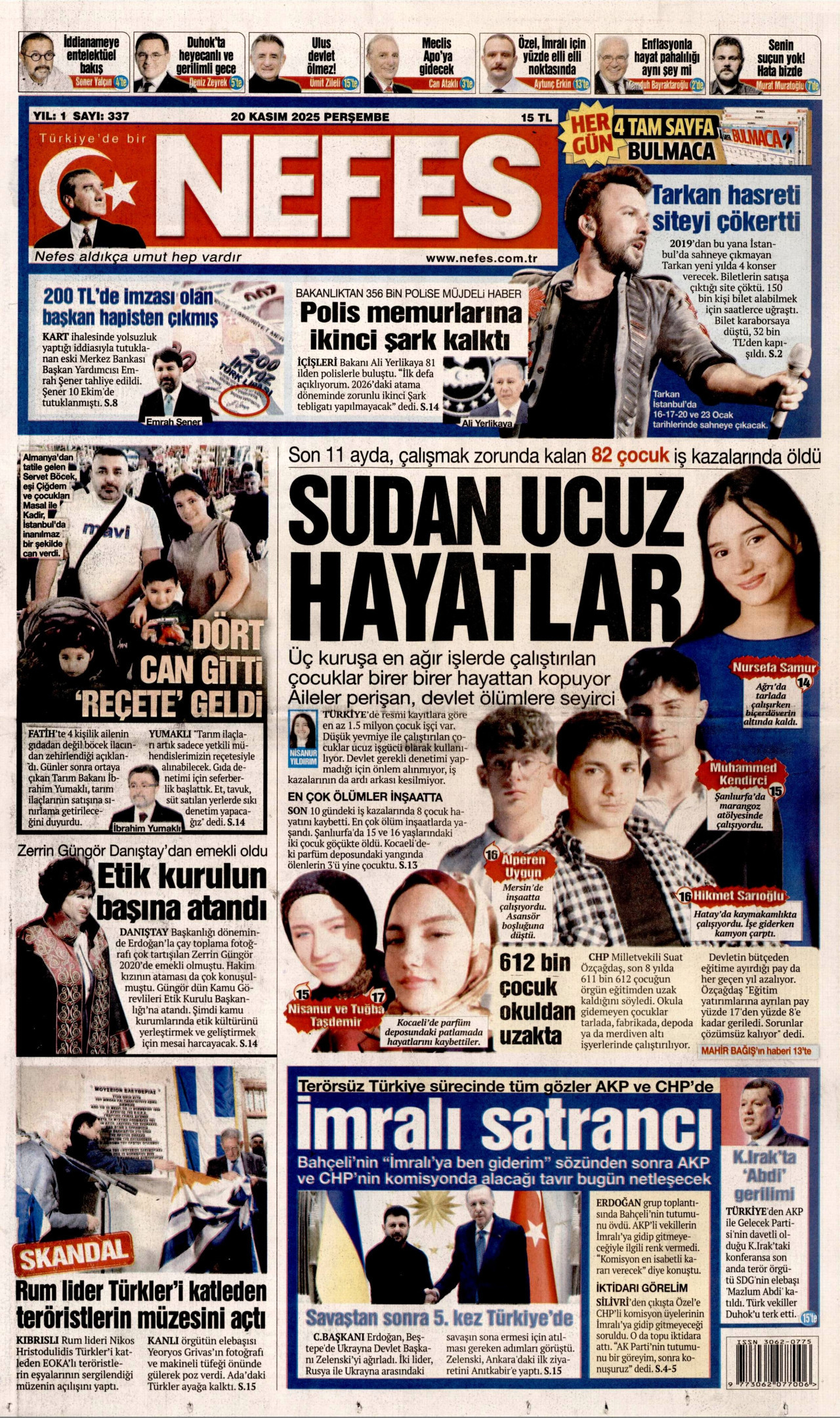 NEFES gazetesinin 20 Kasım 2025 tarihli birinci sayfası