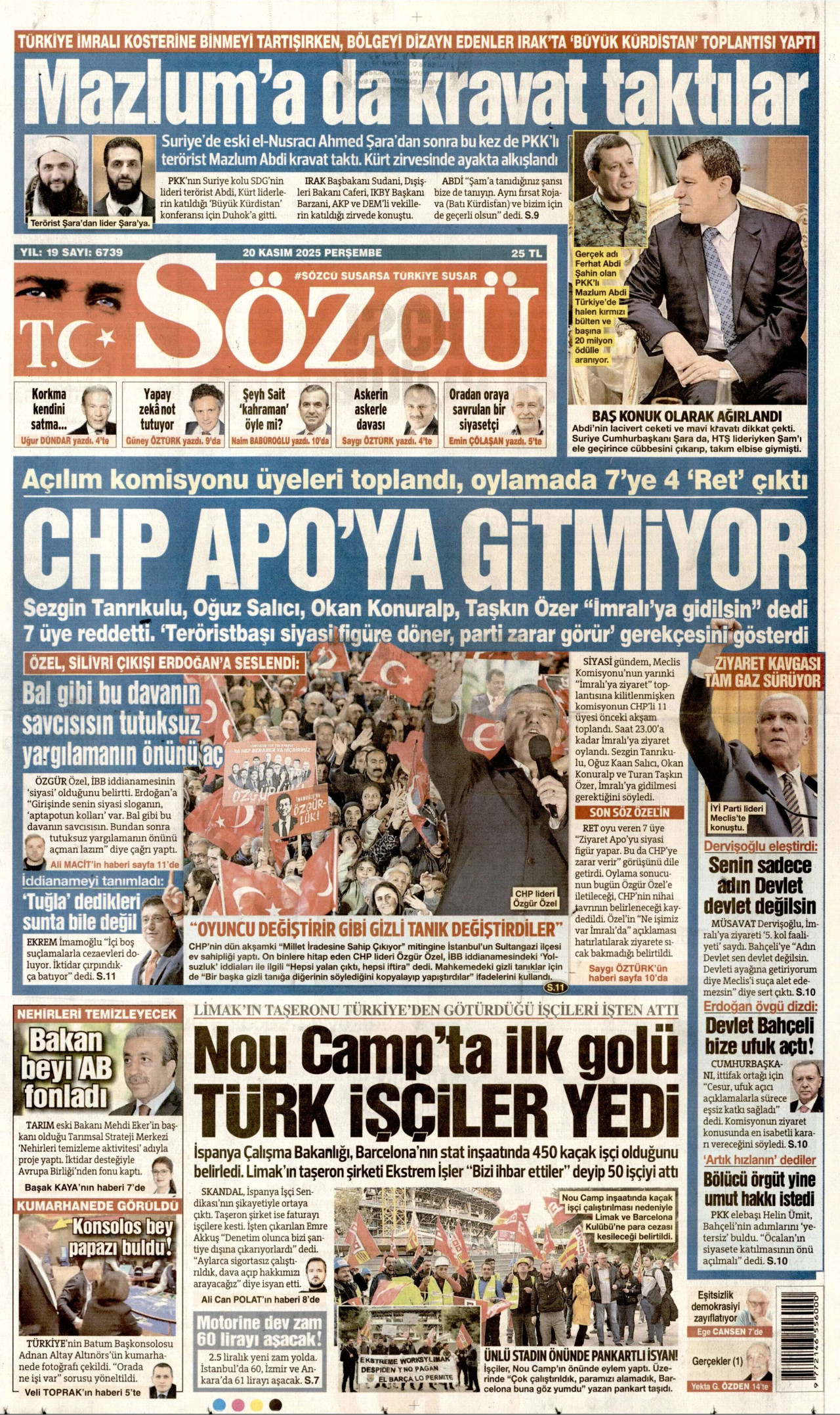 SÖZCÜ gazetesinin 20 Kasım 2025 tarihli birinci sayfası