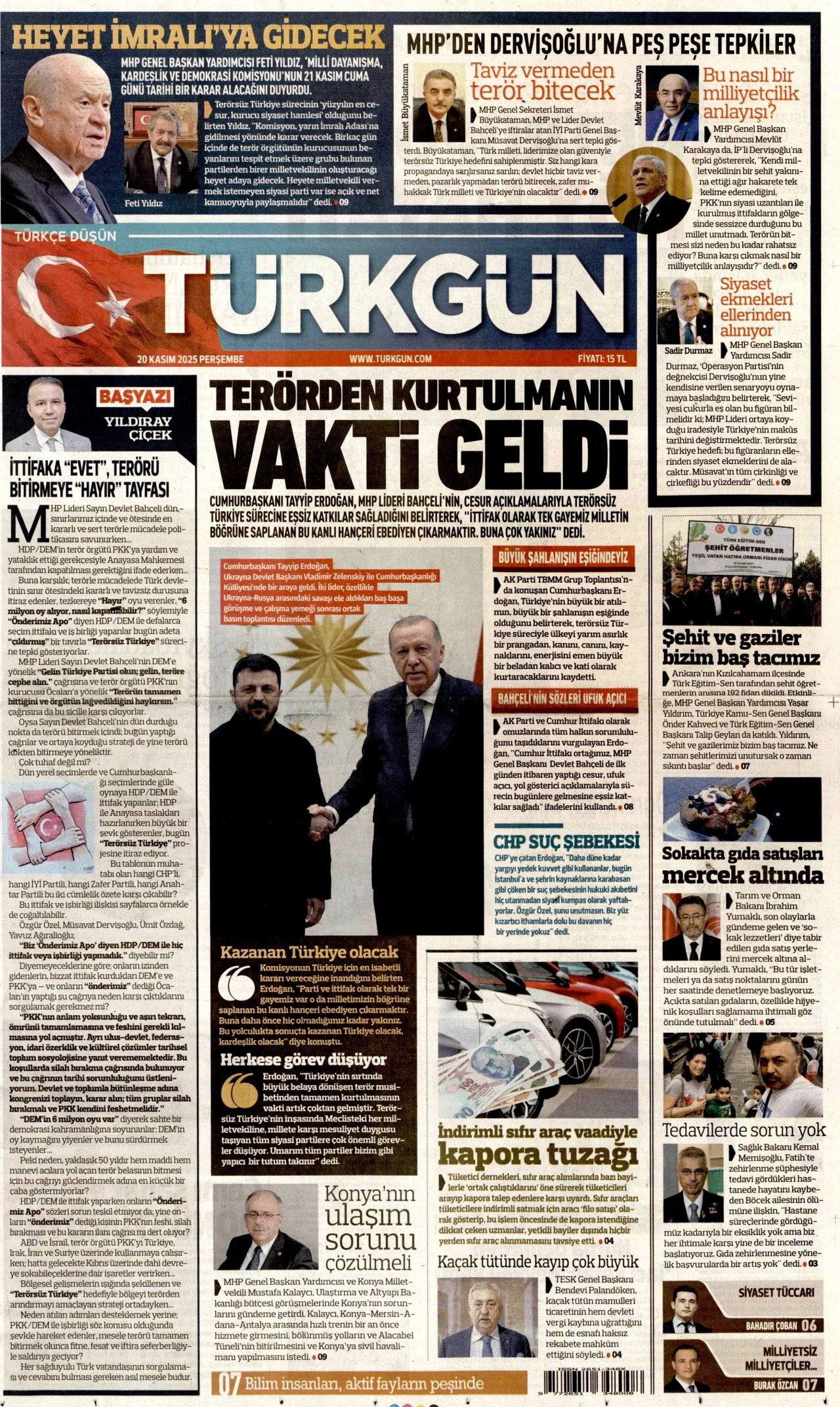 TÜRKGÜN gazetesinin 20 Kasım 2025 tarihli birinci sayfası