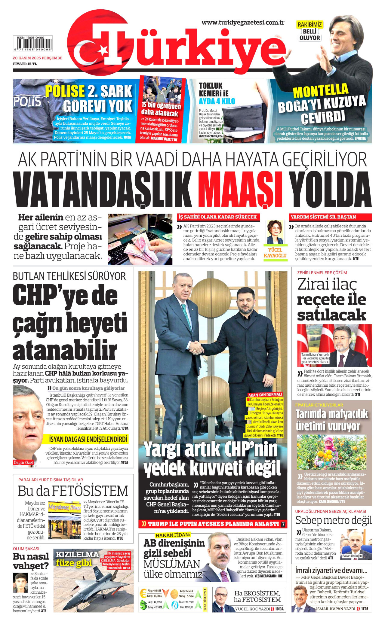 TÜRKİYE GAZETESİ gazetesinin 20 Kasım 2025 tarihli birinci sayfası