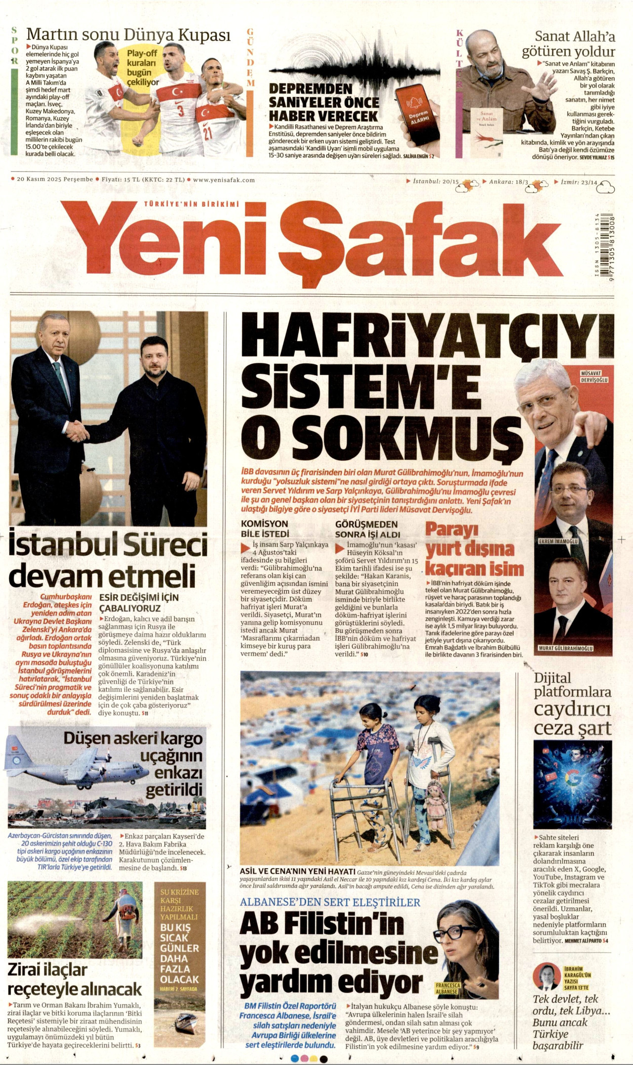 YENİ ŞAFAK gazetesinin 20 Kasım 2025 tarihli birinci sayfası