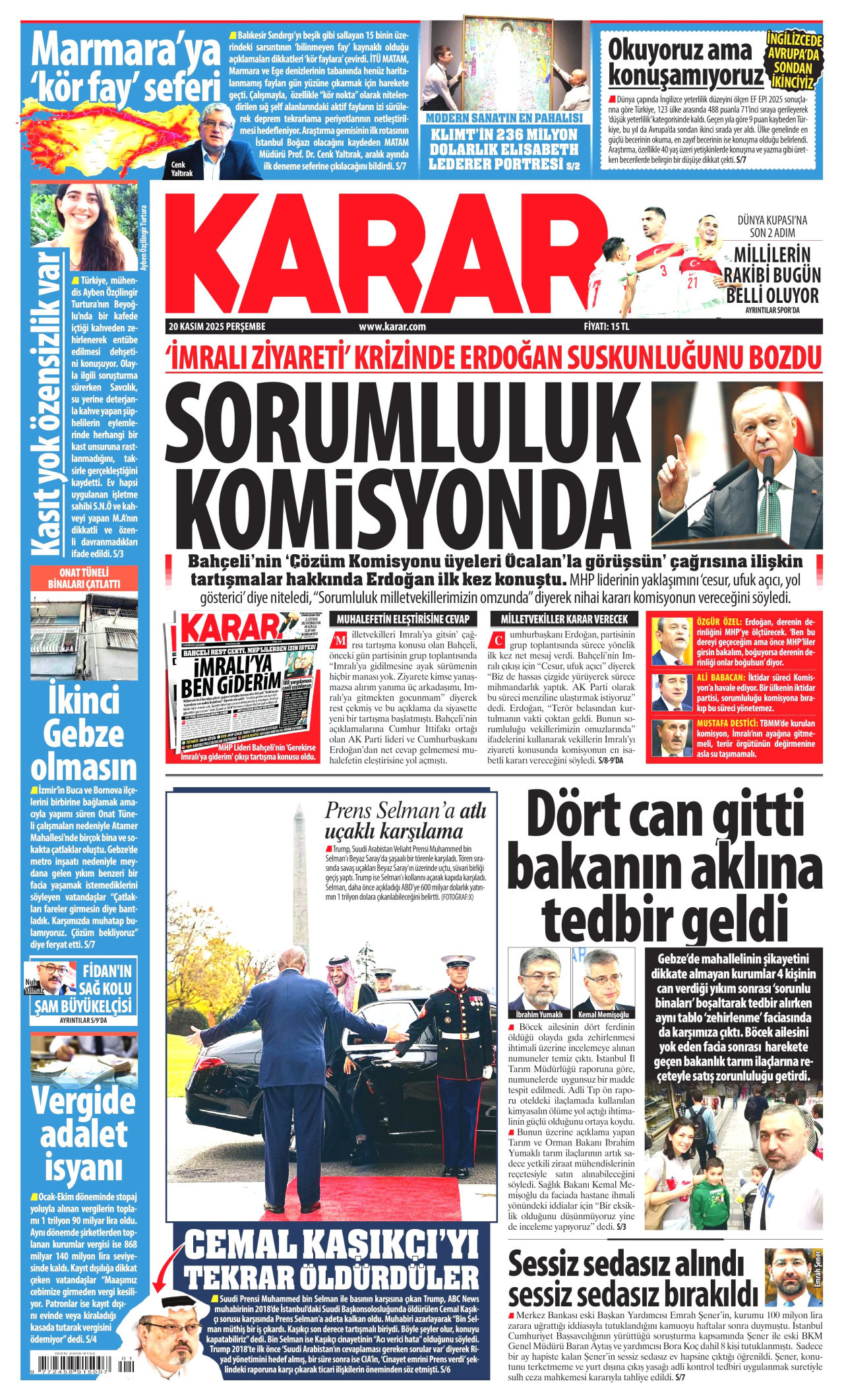 KARAR gazetesinin 20 Kasım 2025 tarihli birinci sayfası