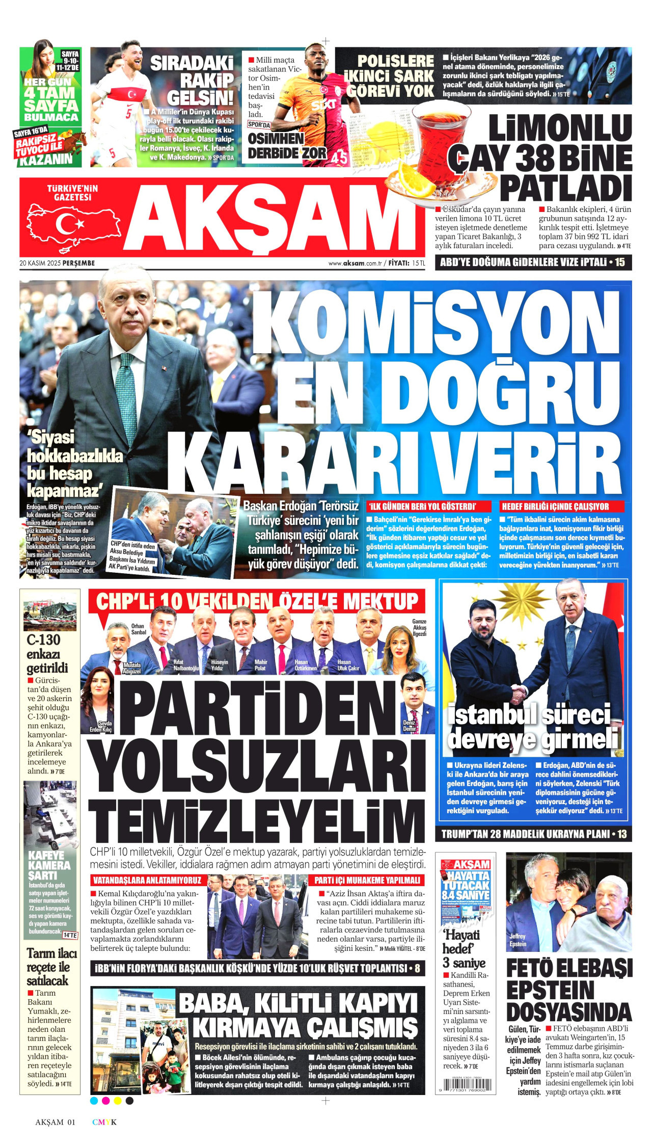 AKŞAM gazetesinin 20 Kasım 2025 tarihli birinci sayfası