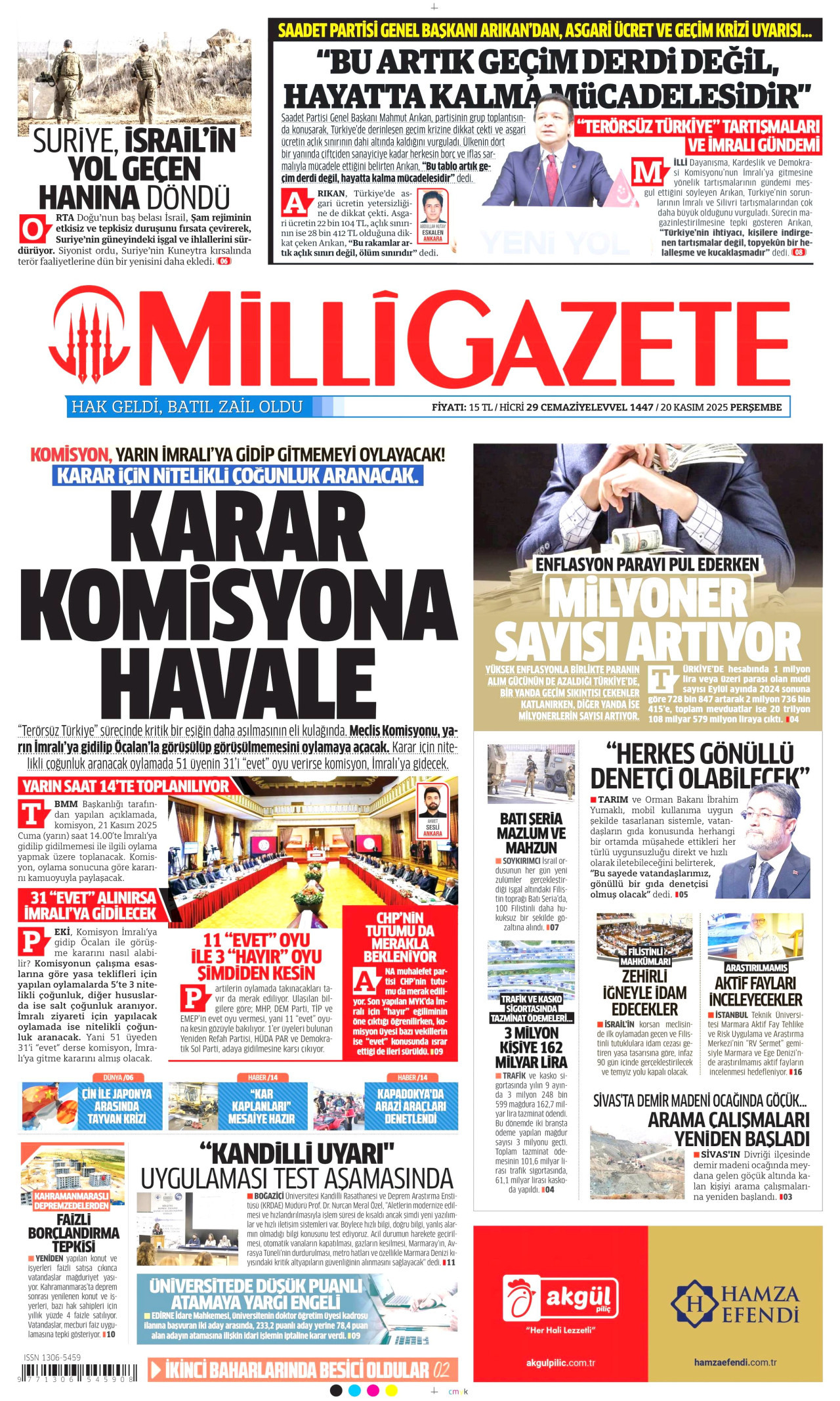 MİLLİ GAZETE gazetesinin 20 Kasım 2025 tarihli birinci sayfası