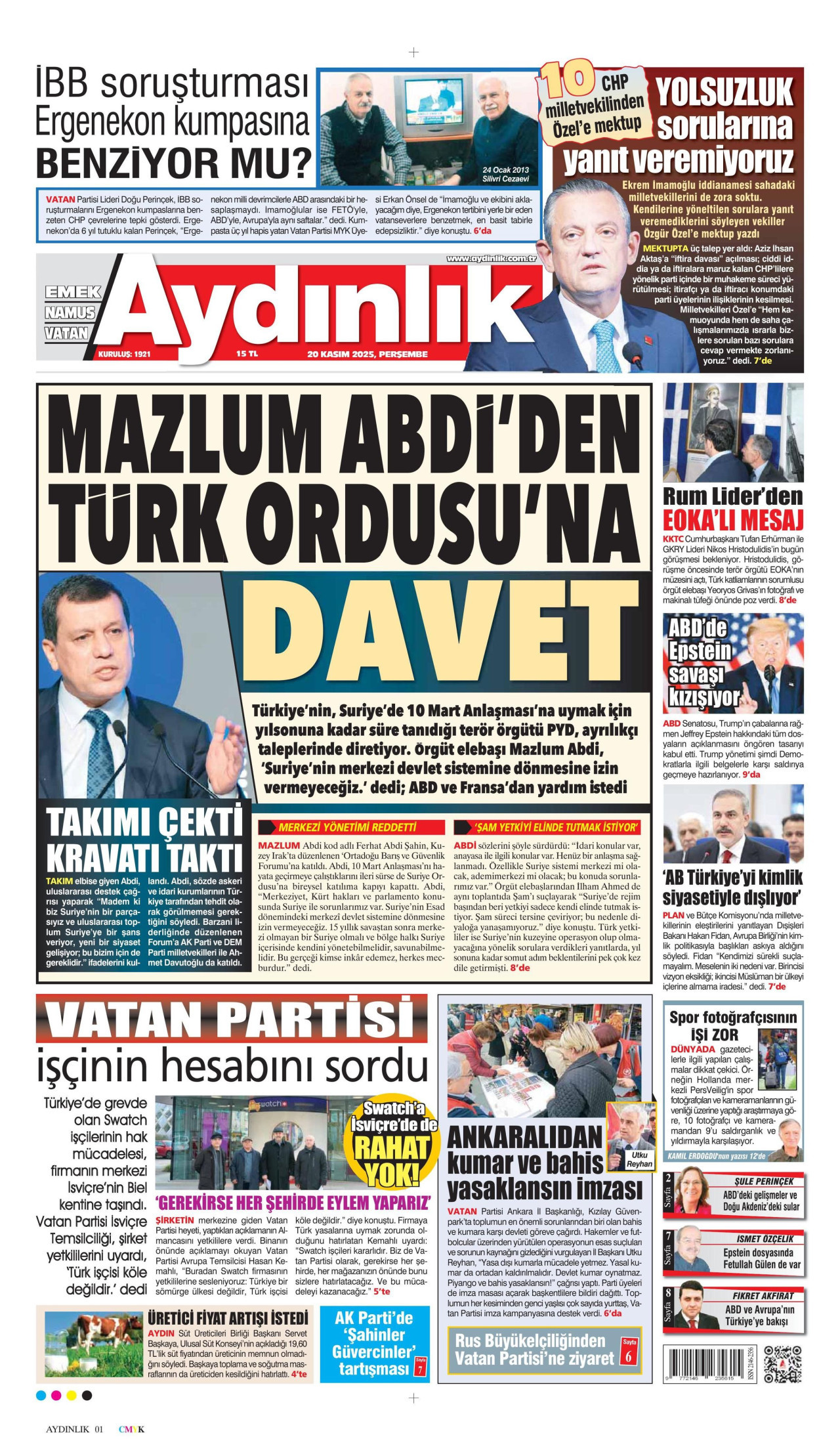 AYDINLIK GAZETESİ gazetesinin 20 Kasım 2025 tarihli birinci sayfası