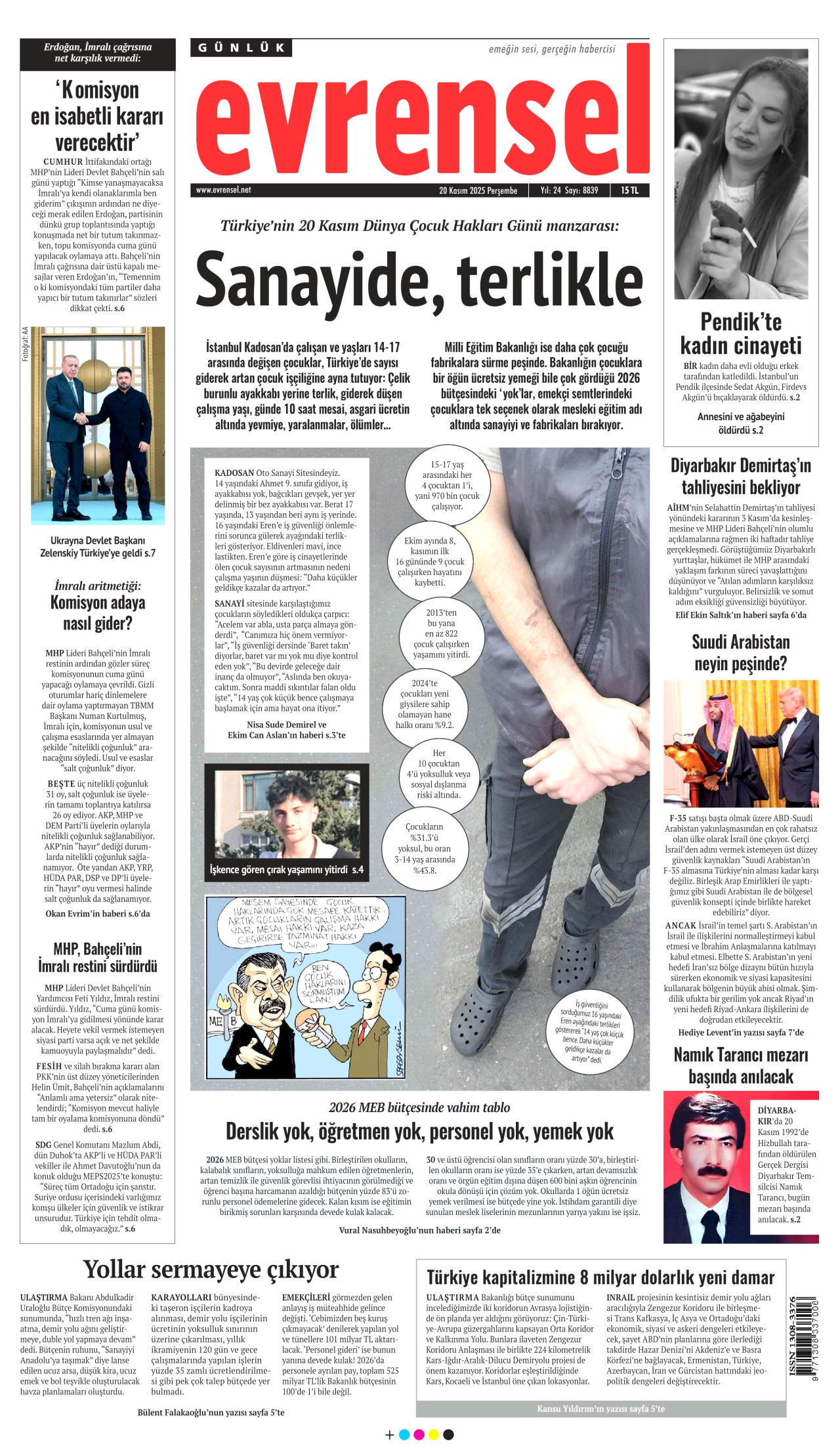EVRENSEL gazetesinin 20 Kasım 2025 tarihli birinci sayfası